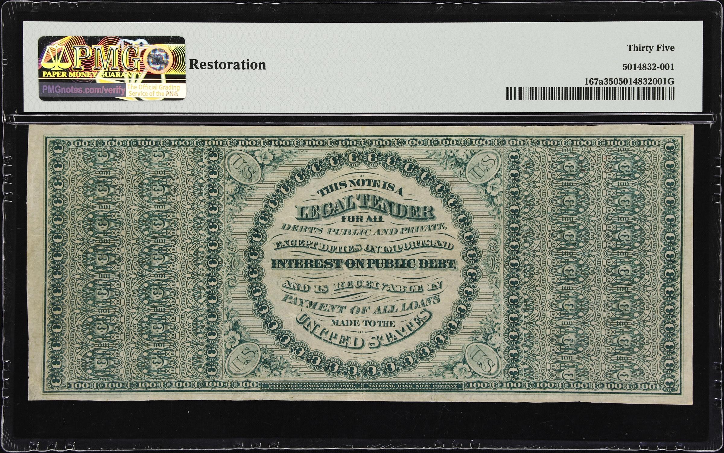 image for: Fr. 167a. 1863 $100 Legal Tender Note. PMG Choice Very Fine 35.