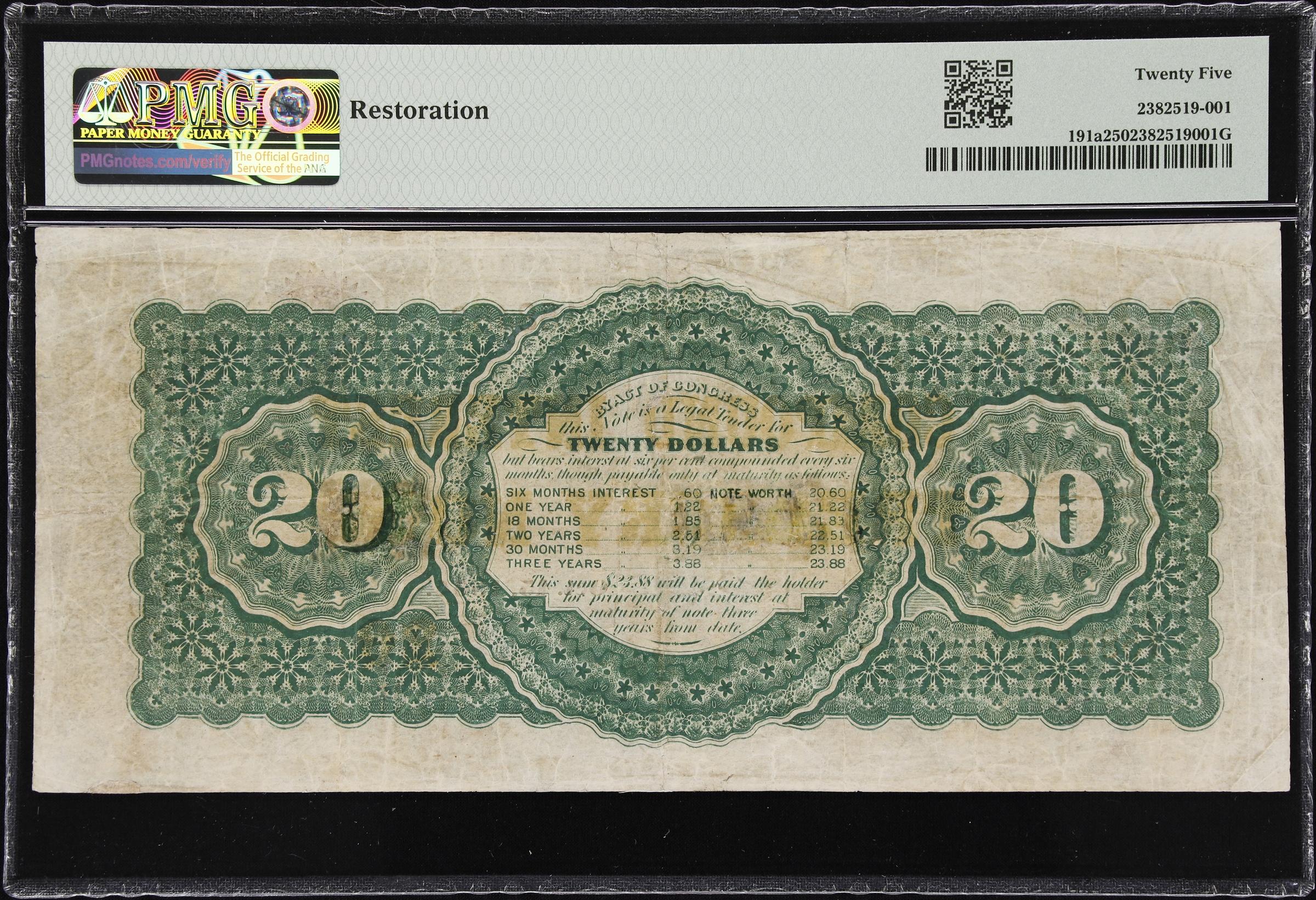 image for: Fr. 191a. 1864 $20. Compound Interest Treasury Note. PMG Very Fine 25.