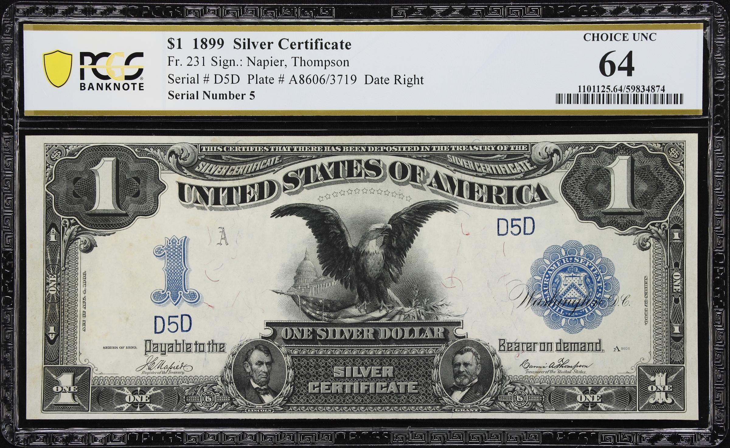 image for: Fr. 231. 1899 $1 Silver Certificate. PCGS Banknote Choice Uncirculated 64. Serial Number 5.