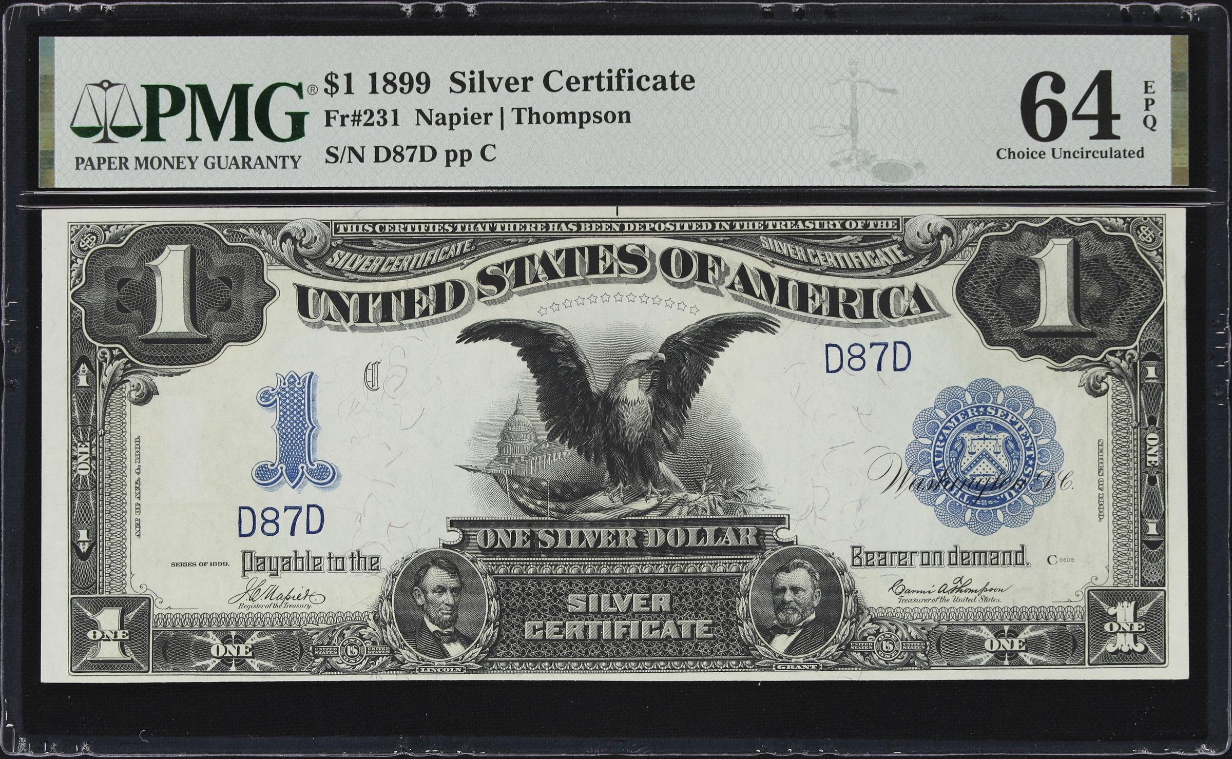 image for: Fr. 231. 1899 $1 Silver Certificate. PMG Choice Uncirculated 64 EPQ. Serial Number 87.