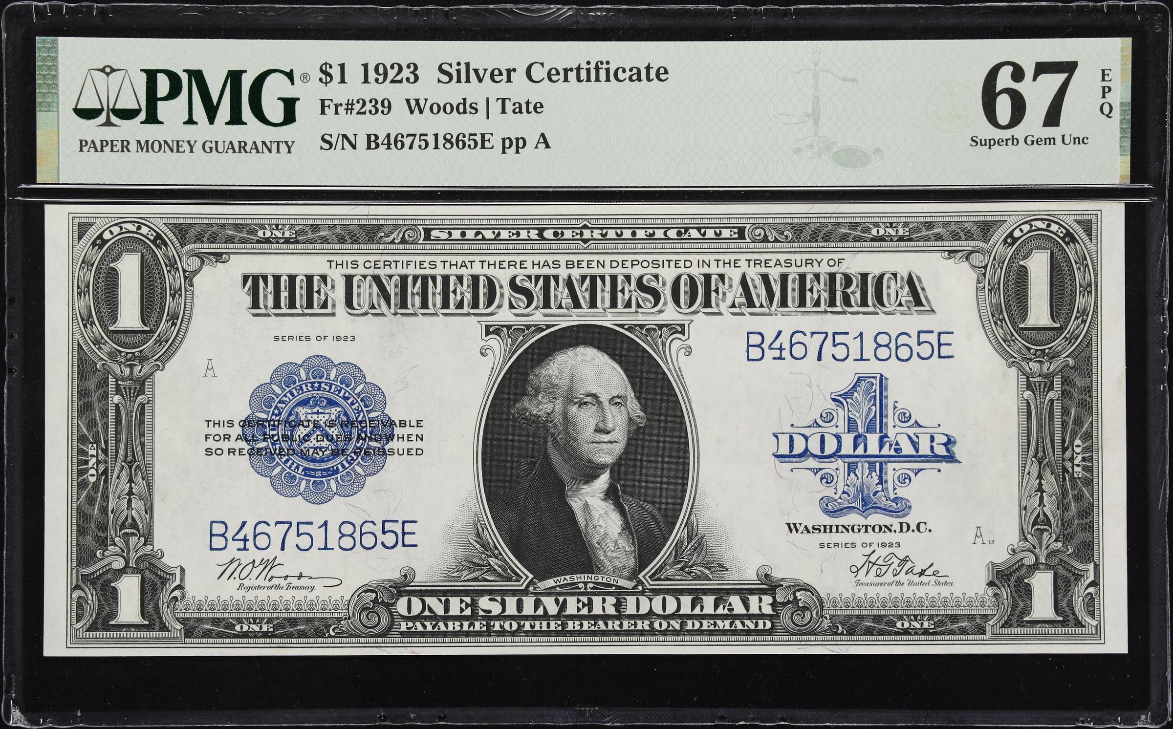 image for: Fr. 239. 1923 $1 Silver Certificate. PMG Superb Gem Uncirculated 67 EPQ.