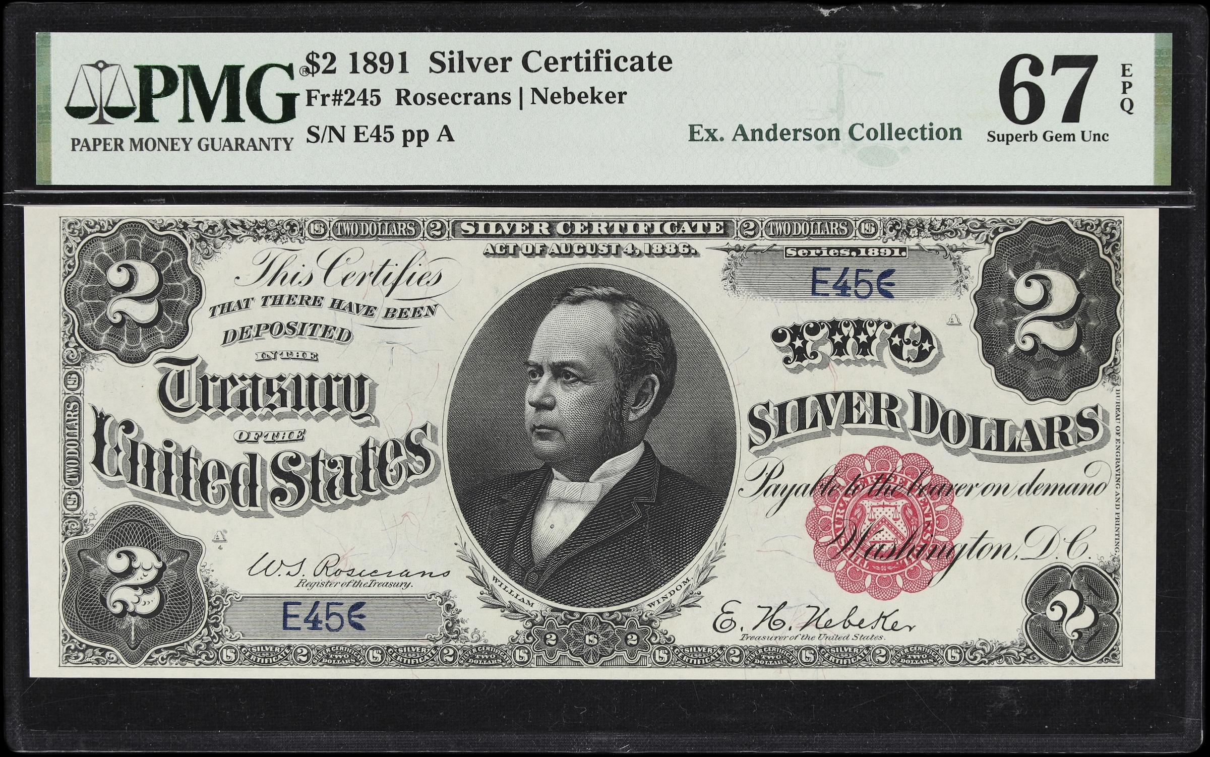 image for: Fr. 245. 1891 $2 Silver Certificate. PMG Superb Gem Uncirculated 67 EPQ. Low Serial Number.