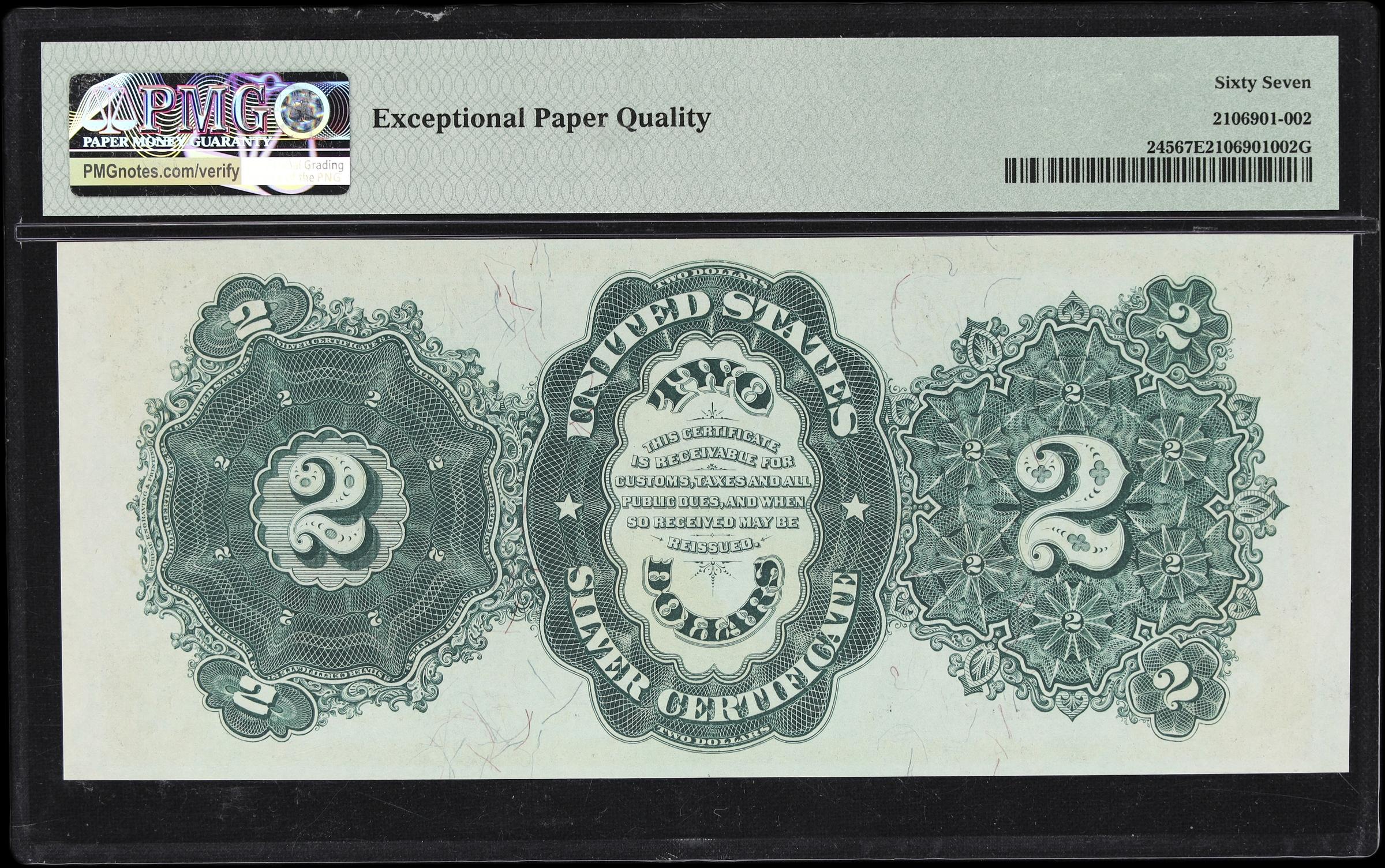 image for: Fr. 245. 1891 $2 Silver Certificate. PMG Superb Gem Uncirculated 67 EPQ. Low Serial Number.