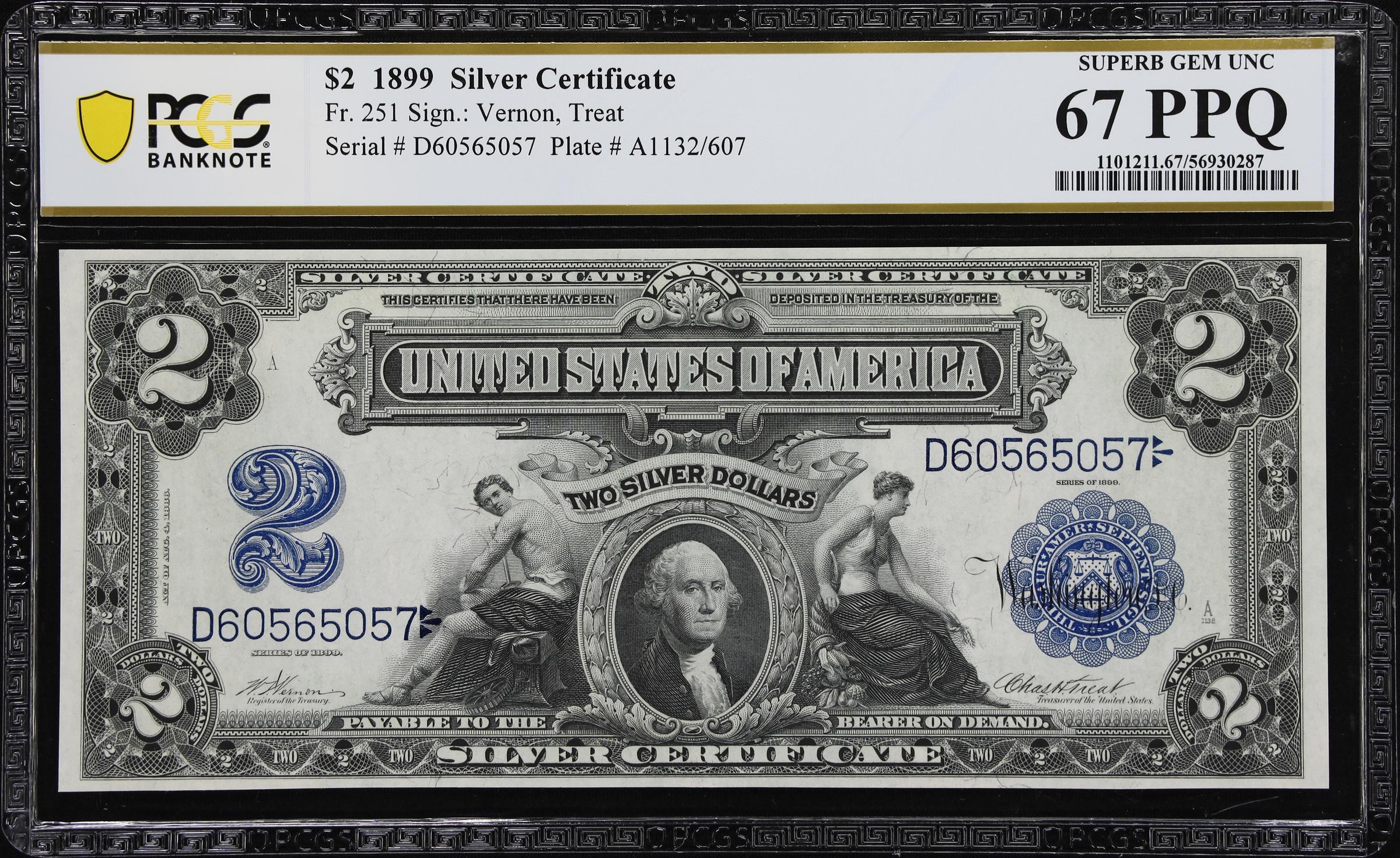 image for: Fr. 251. 1899 $2 Silver Certificate. PCGS Banknote Superb Gem Uncirculated 67 PPQ.