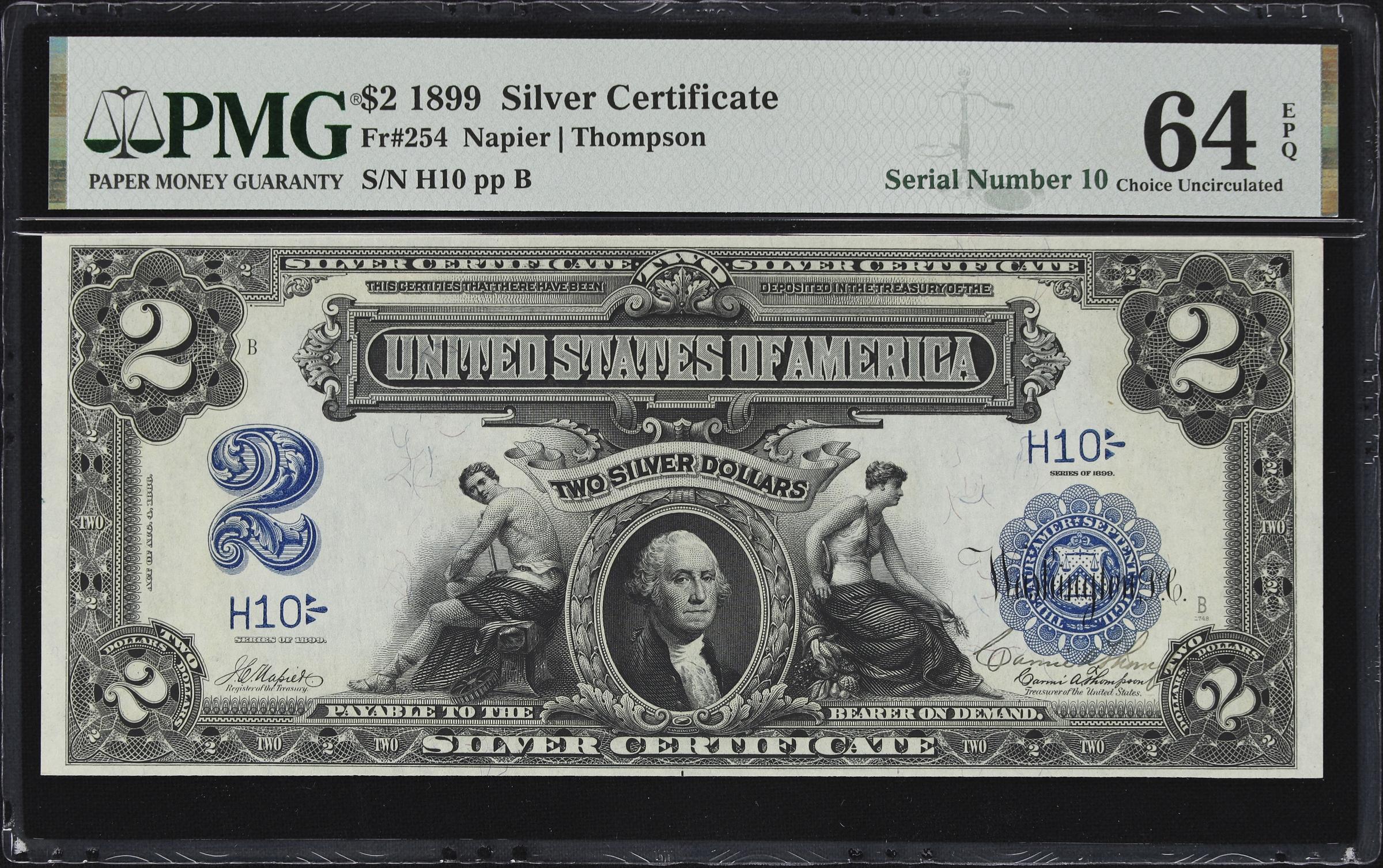 image for: Fr. 254. 1899 $2 Silver Certificate. PMG Choice Uncirculated 64 EPQ. Carmi A. Thompson Courtesy Autograph. Serial Number 10.
