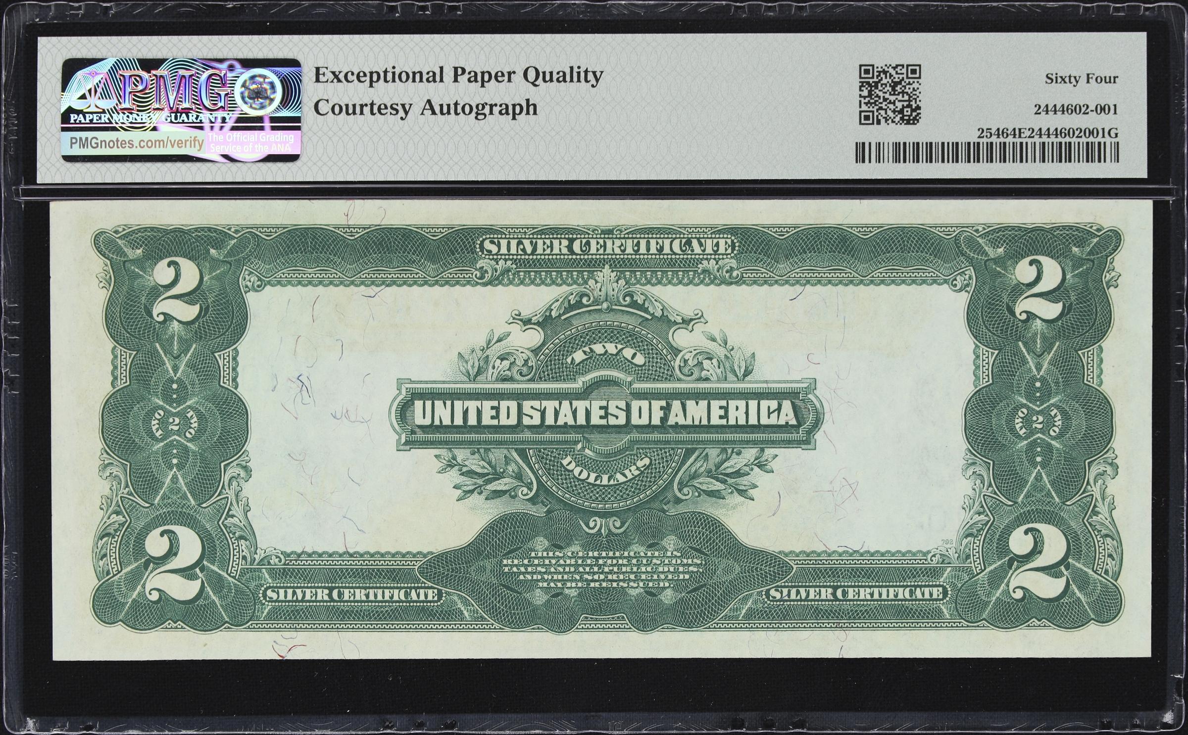 image for: Fr. 254. 1899 $2 Silver Certificate. PMG Choice Uncirculated 64 EPQ. Carmi A. Thompson Courtesy Autograph. Serial Number 10.