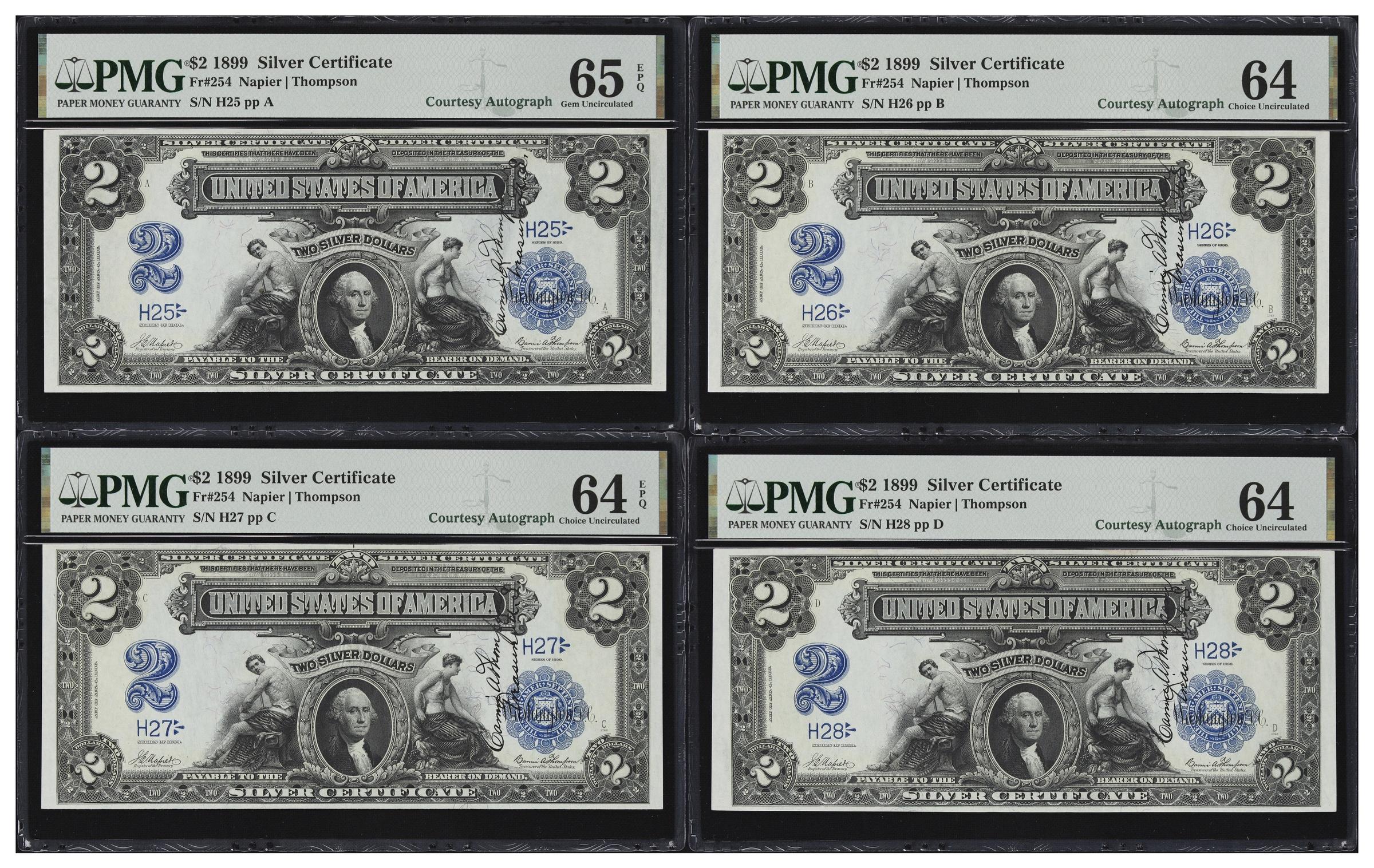 image for: Cut Sheet of (4) Fr. 254. 1899 $2 Silver Certificates. PMG Choice Uncirculated 64 to Gem Uncirculated 65 EPQ. Carmi A. Thompson Courtesy Autographs. Serial Numbers 25, 26, 27 & 28.