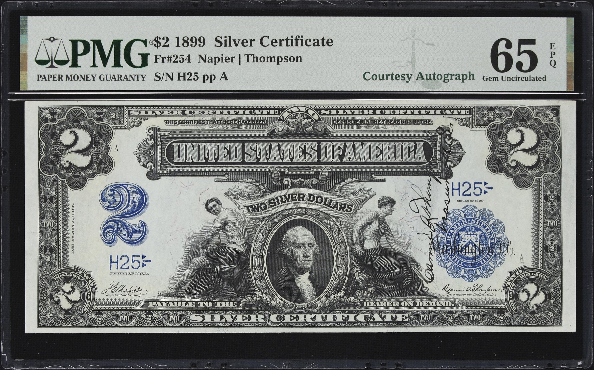 image for: Cut Sheet of (4) Fr. 254. 1899 $2 Silver Certificates. PMG Choice Uncirculated 64 to Gem Uncirculated 65 EPQ. Carmi A. Thompson Courtesy Autographs. Serial Numbers 25, 26, 27 & 28.