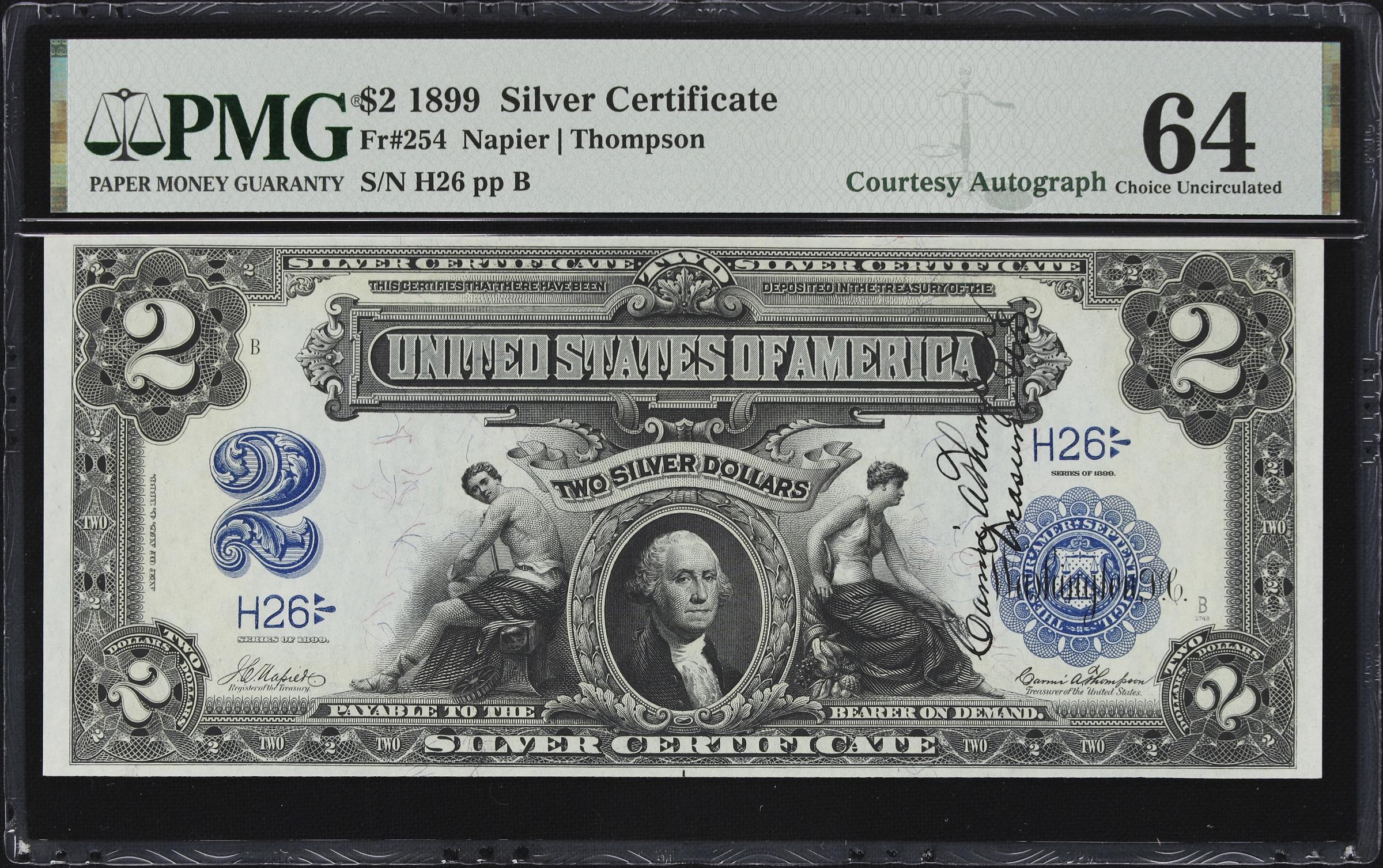 image for: Cut Sheet of (4) Fr. 254. 1899 $2 Silver Certificates. PMG Choice Uncirculated 64 to Gem Uncirculated 65 EPQ. Carmi A. Thompson Courtesy Autographs. Serial Numbers 25, 26, 27 & 28.