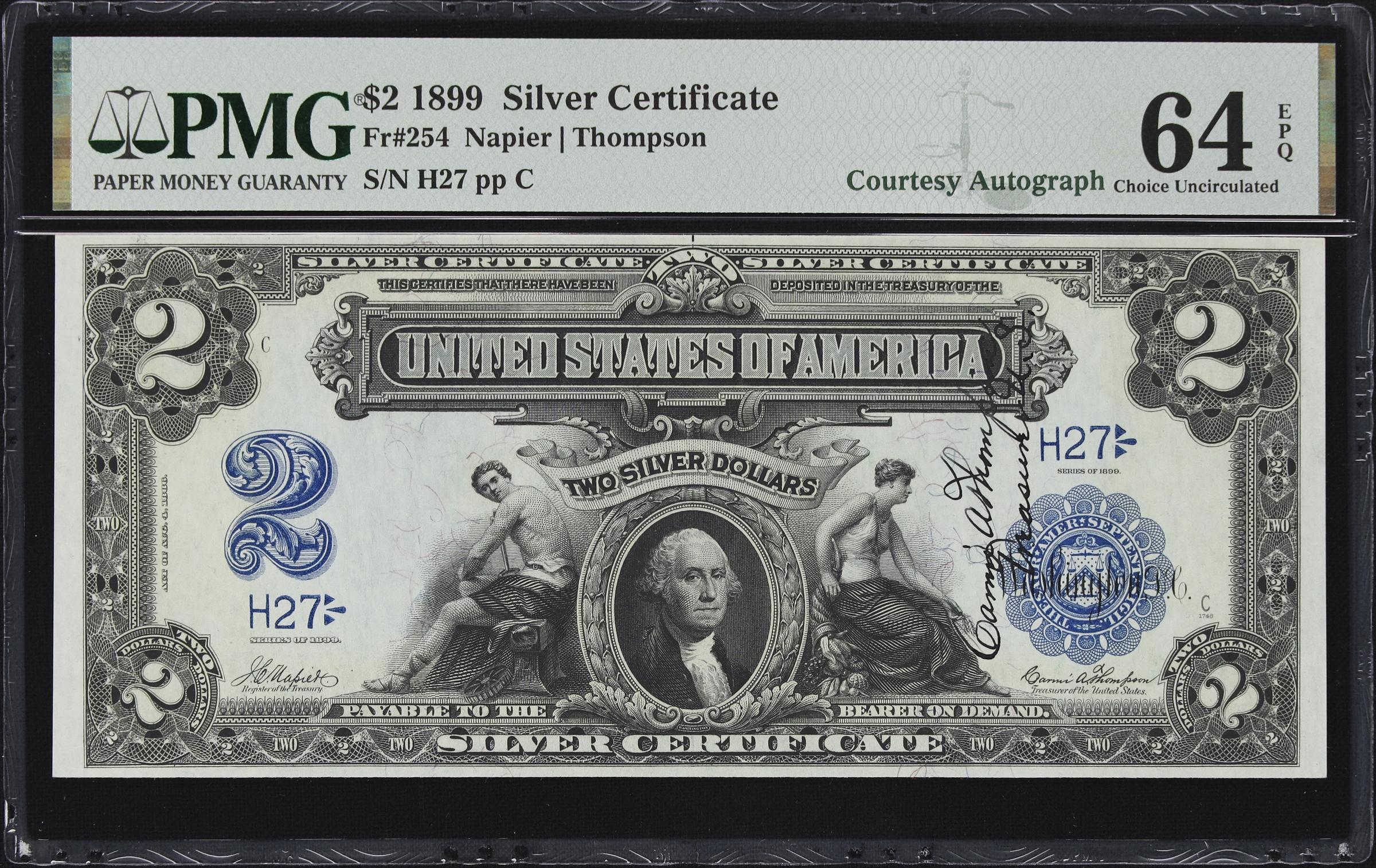 image for: Cut Sheet of (4) Fr. 254. 1899 $2 Silver Certificates. PMG Choice Uncirculated 64 to Gem Uncirculated 65 EPQ. Carmi A. Thompson Courtesy Autographs. Serial Numbers 25, 26, 27 & 28.