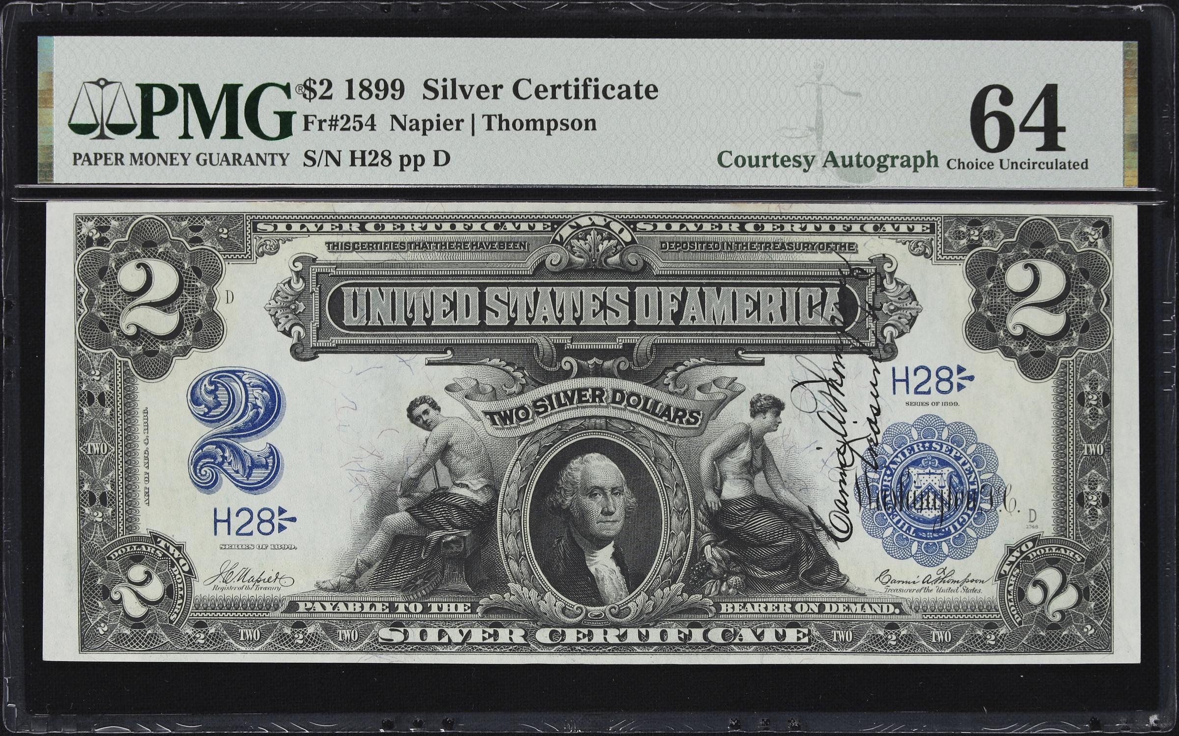 image for: Cut Sheet of (4) Fr. 254. 1899 $2 Silver Certificates. PMG Choice Uncirculated 64 to Gem Uncirculated 65 EPQ. Carmi A. Thompson Courtesy Autographs. Serial Numbers 25, 26, 27 & 28.