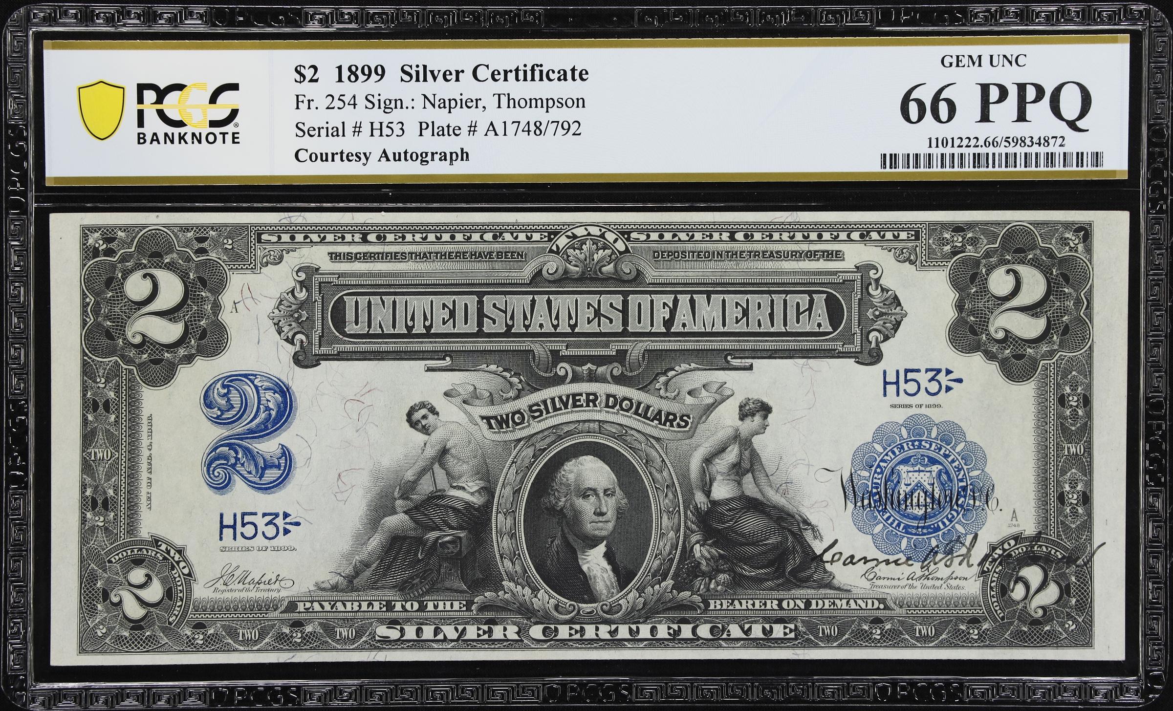 image for: Fr. 254. 1899 $2 Silver Certificate. PCGS Banknote Gem Uncirculated 66. Carmi A. Thompson Courtesy Autograph. Serial Number 53.