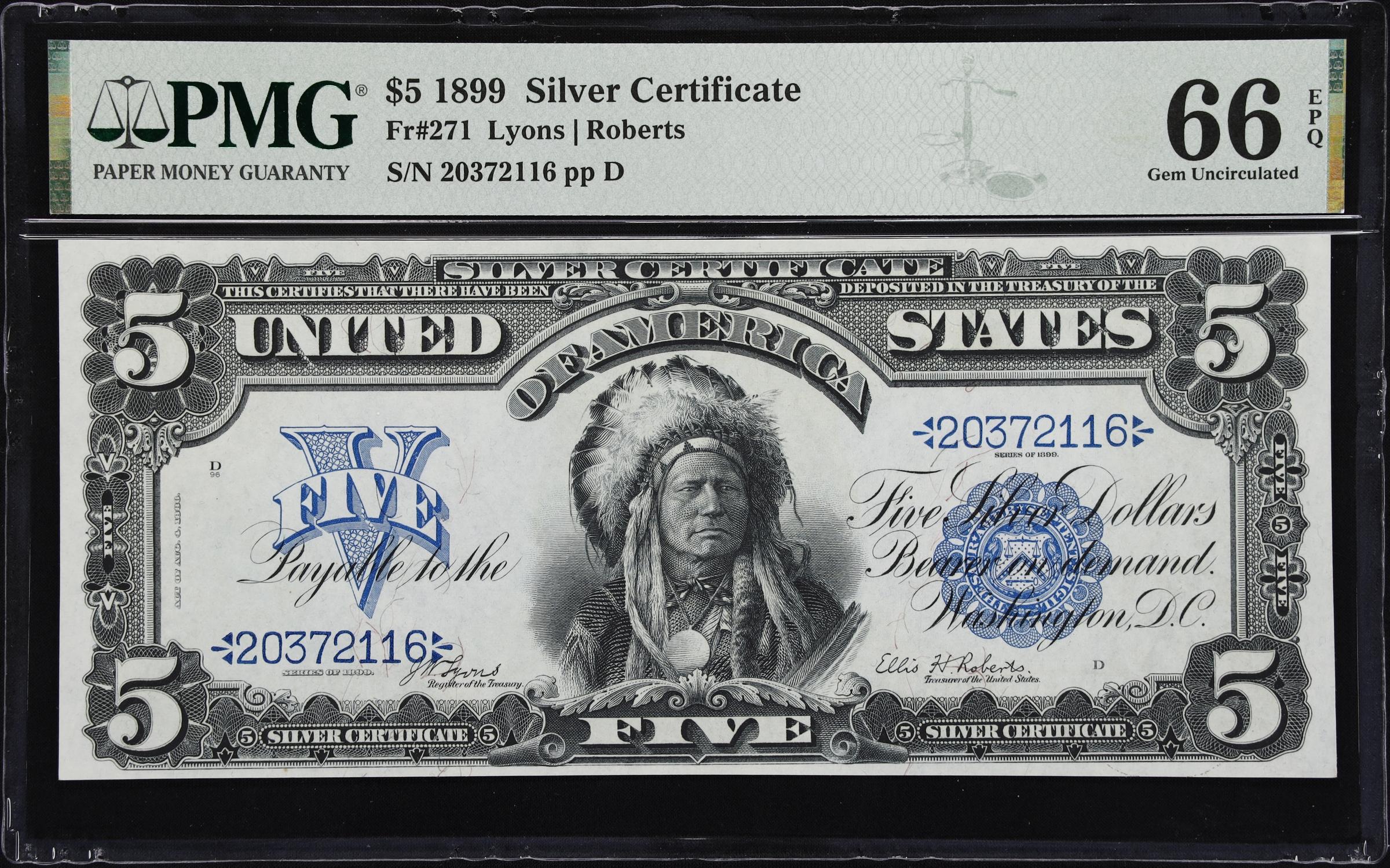 image for: Fr. 271. 1899 $5 Silver Certificate. PMG Gem Uncirculated 66 EPQ.