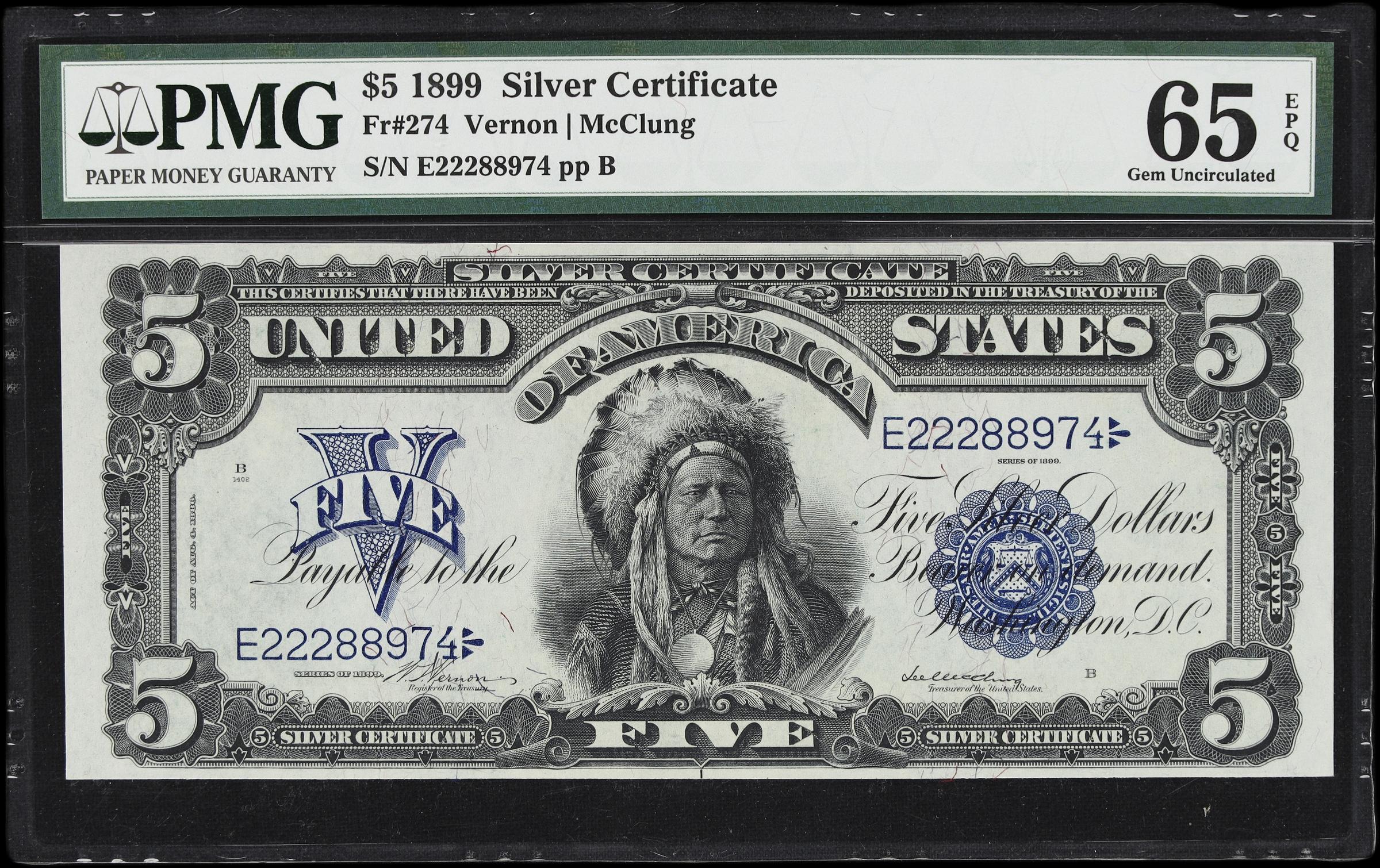 image for: Fr. 274. 1899 $5 Silver Certificate. PMG Gem Uncirculated 65 EPQ.