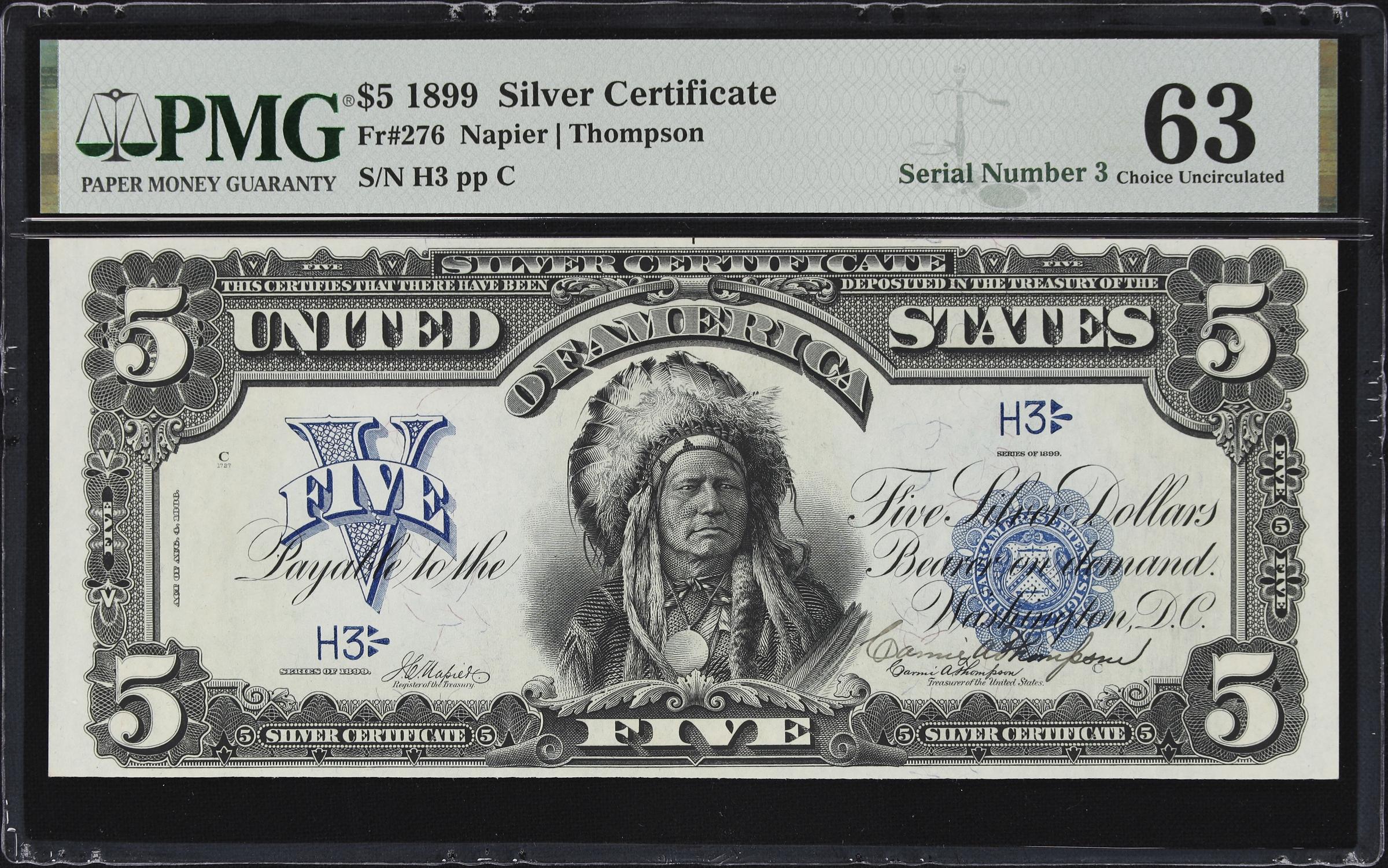 image for: Fr. 276. 1899 $5 Silver Certificate. PMG Choice Uncirculated 63. Carmi A. Thompson Courtesy Autograph. Serial Number 3.