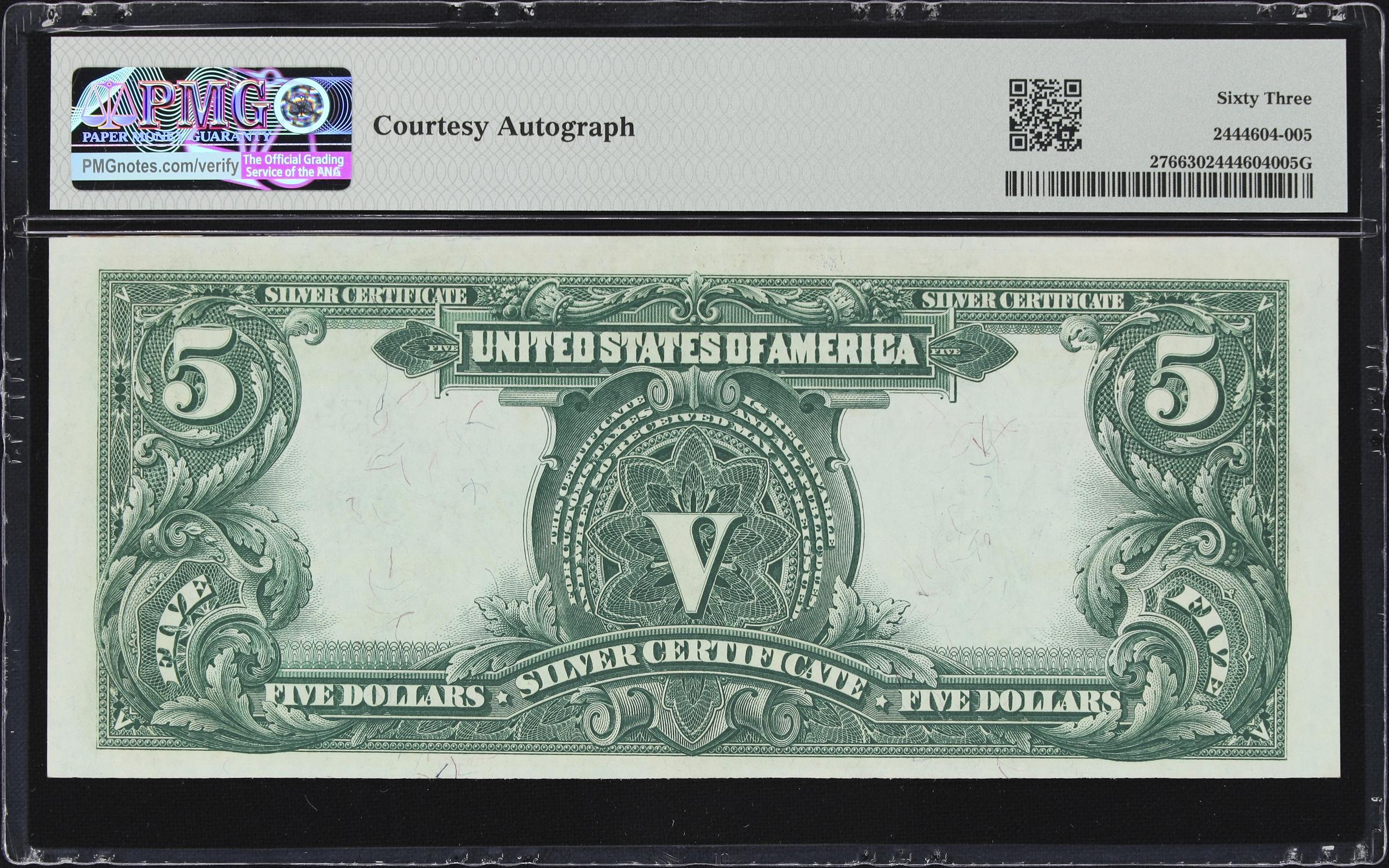 image for: Fr. 276. 1899 $5 Silver Certificate. PMG Choice Uncirculated 63. Carmi A. Thompson Courtesy Autograph. Serial Number 3.