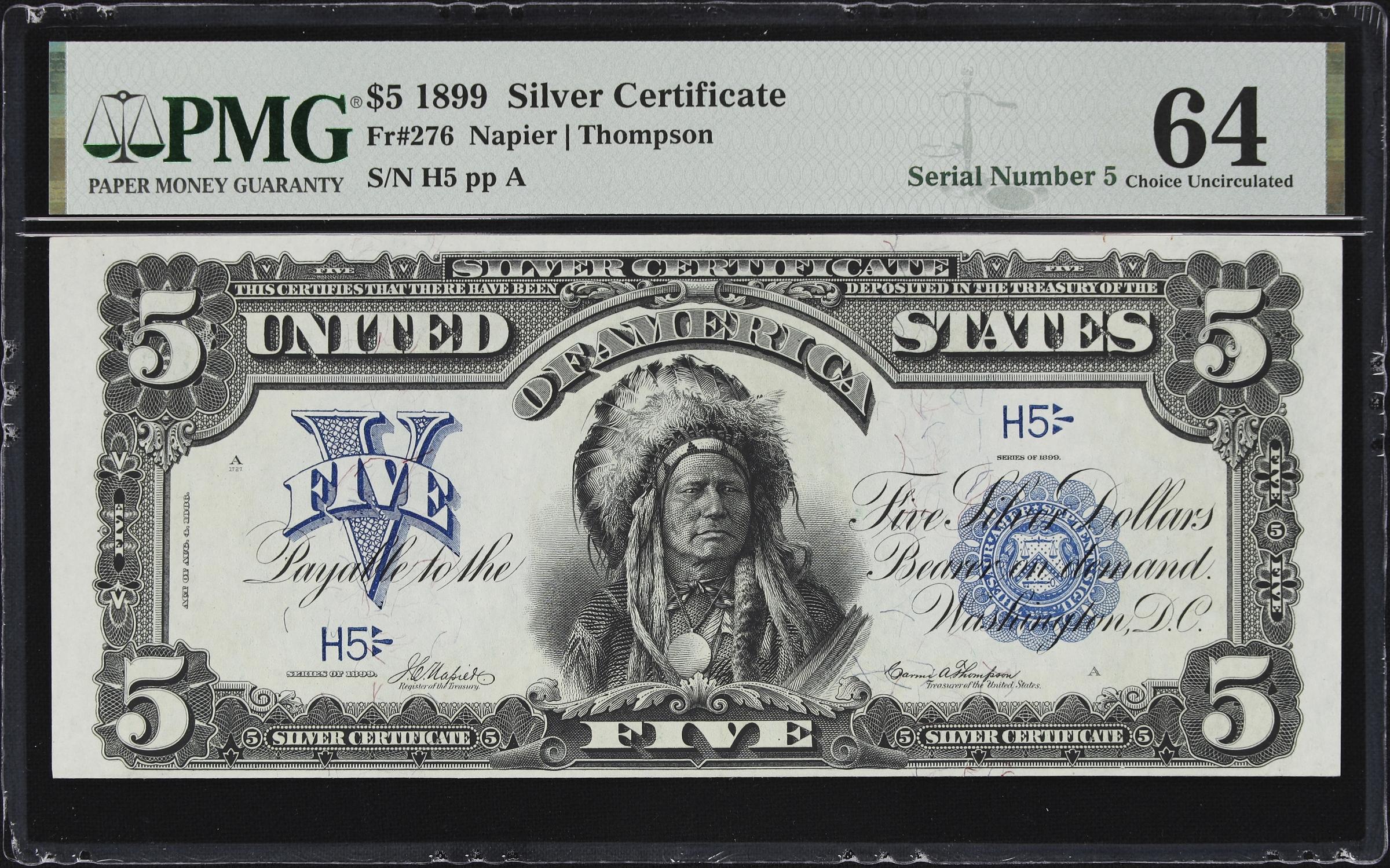 image for: Fr. 276. 1899 $5 Silver Certificate. PMG Choice Uncirculated 64. Serial Number 5.