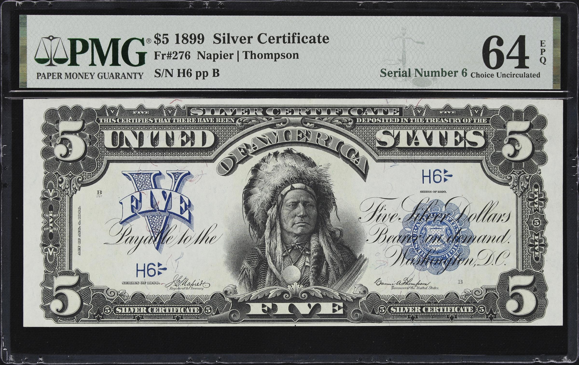 image for: Fr. 276. 1899 $5 Silver Certificate. PMG Choice Uncirculated 64 EPQ. Serial Number 6.