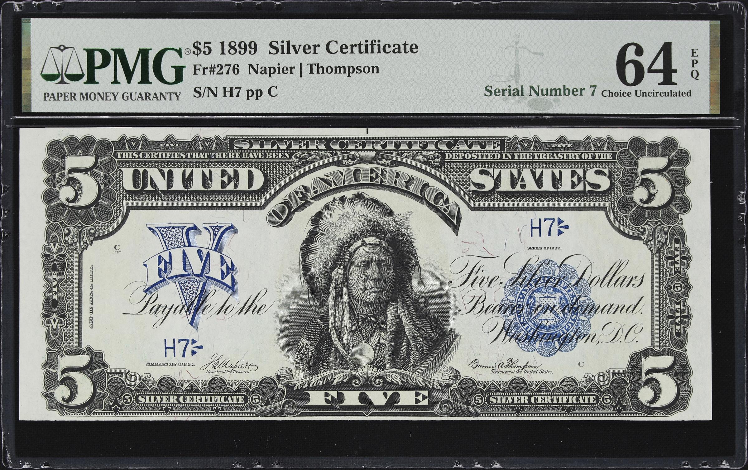 image for: Fr. 276. 1899 $5 Silver Certificate. PMG Choice Uncirculated 64 EPQ. Serial Number 7.