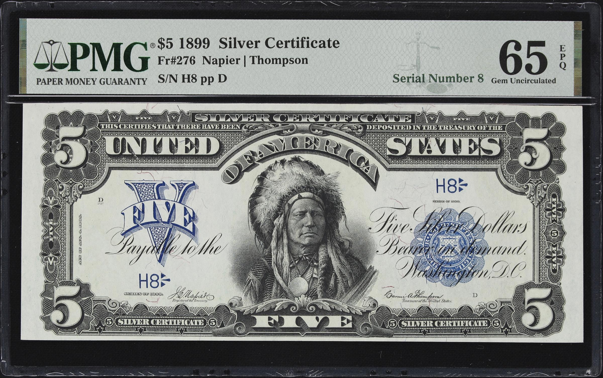 image for: Fr. 276. 1899 $5 Silver Certificate. PMG Gem Uncirculated 65 EPQ. Serial Number 8.