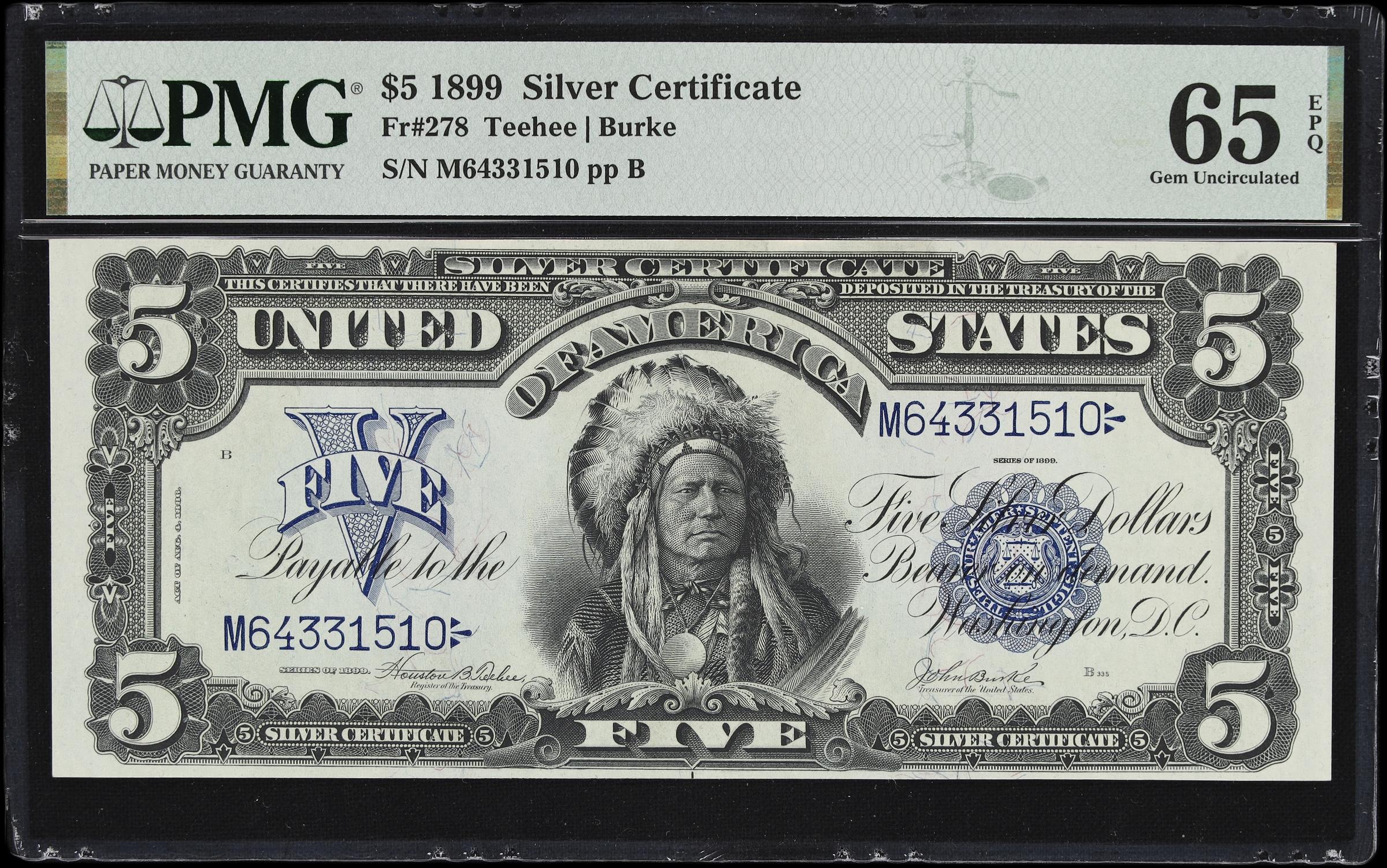 image for: Fr. 278. 1899 $5 Silver Certificate. PMG Gem Uncirculated 65 EPQ.