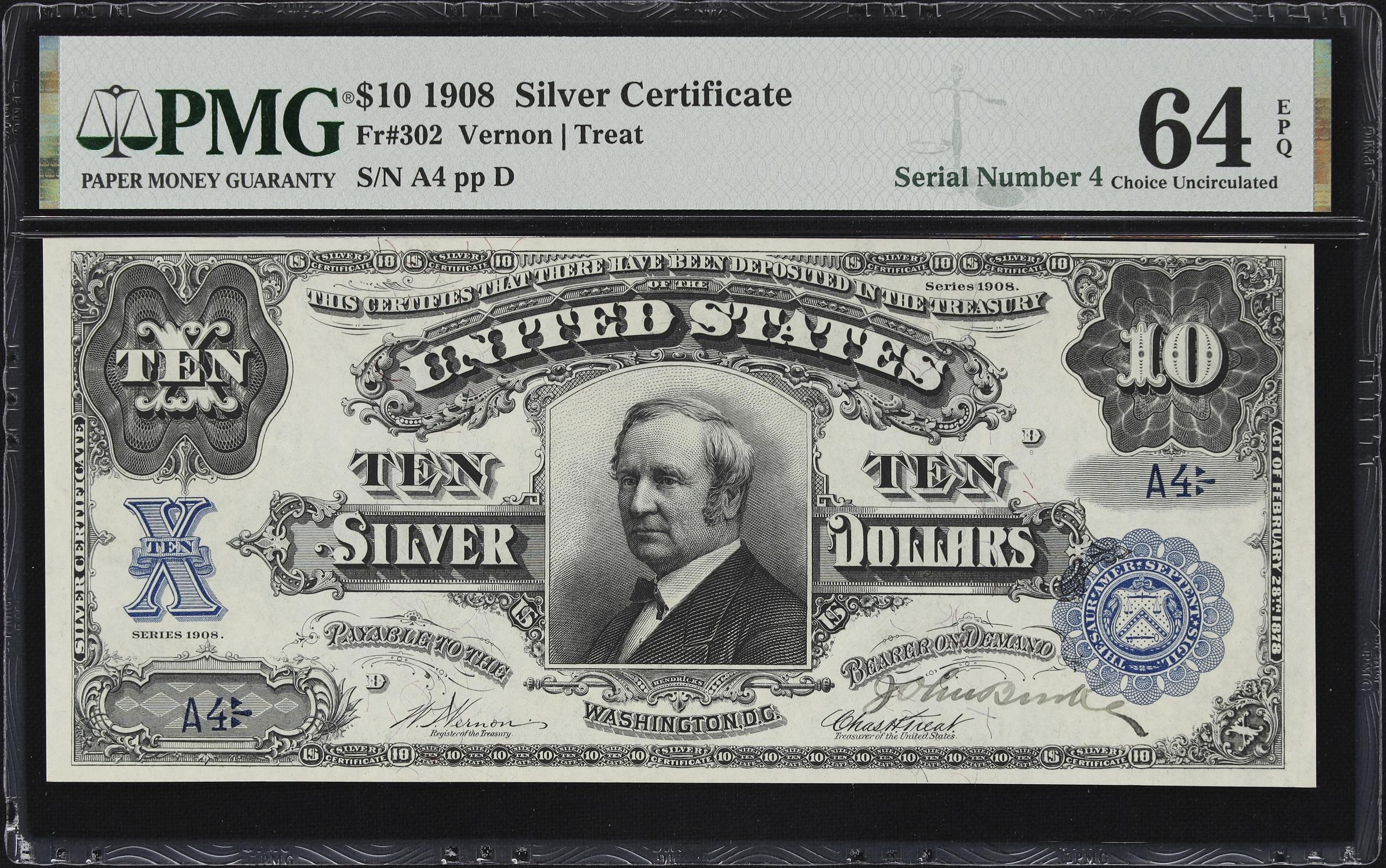 image for: Fr. 302. 1908 $10 Silver Certificate. PMG Choice Uncirculated 64 EPQ. John Burke Courtesy Autograph. Serial Number 4.