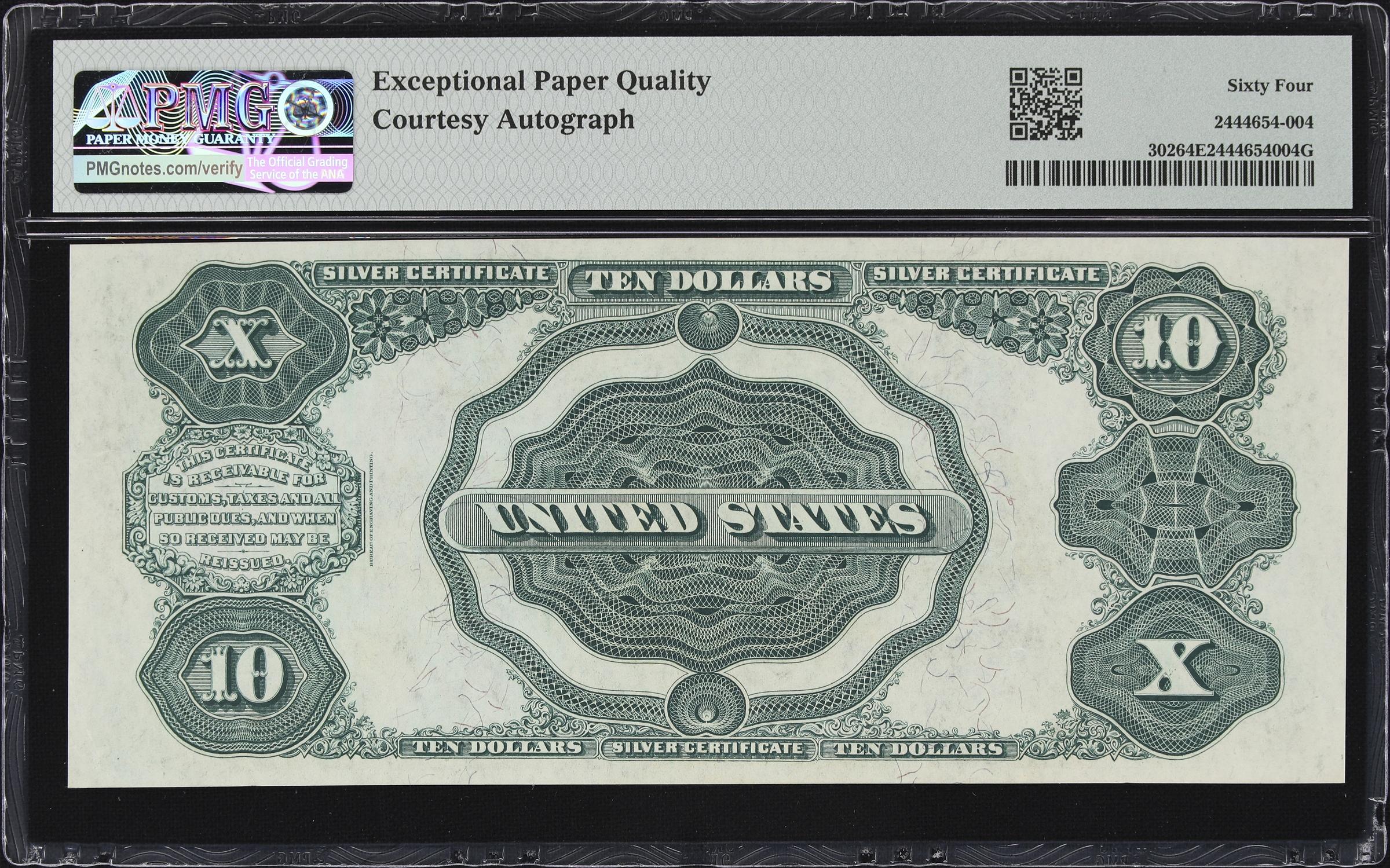 image for: Fr. 302. 1908 $10 Silver Certificate. PMG Choice Uncirculated 64 EPQ. John Burke Courtesy Autograph. Serial Number 4.
