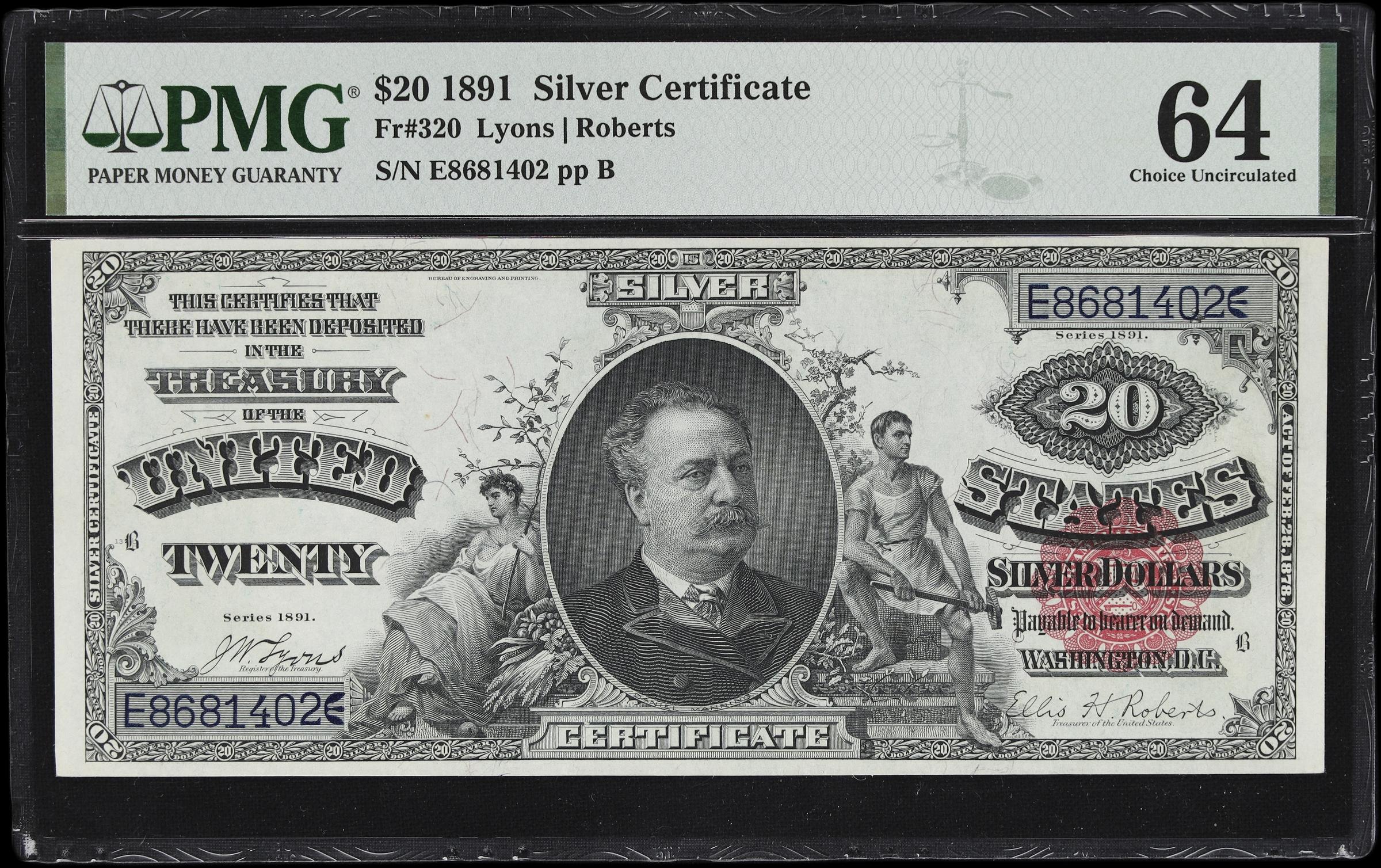 image for: Fr. 320. 1891 $20 Silver Certificate. PMG Banknote Choice Uncirculated 64.