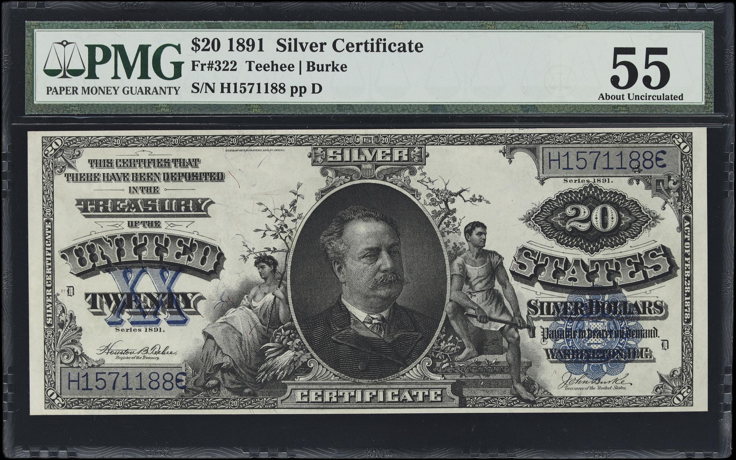 image for: Fr. 322. 1891 $20 Silver Certificate. PMG About Uncirculated 55.