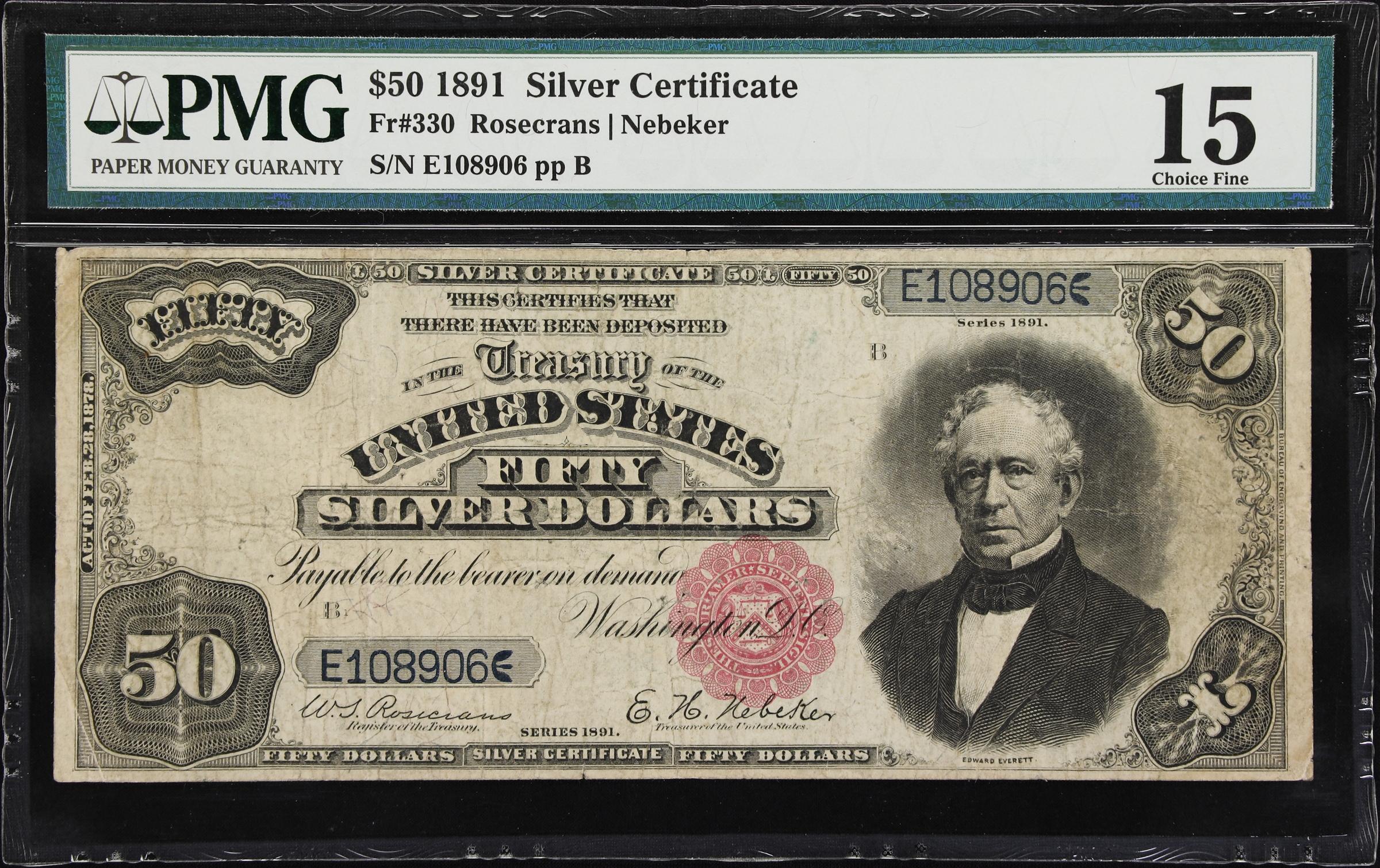 image for: Fr. 330. 1891 $50 Silver Certificate. PMG Choice Fine 15.