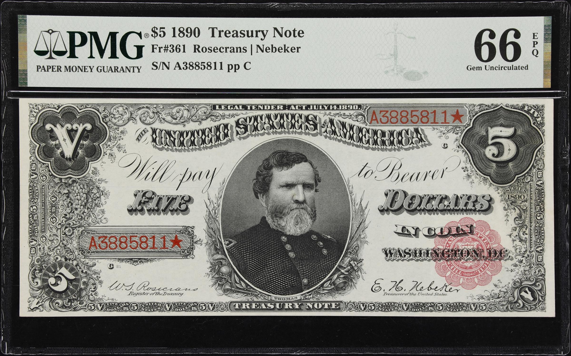 image for: Fr. 361. 1890 $5 Treasury Note. PMG Gem Uncirculated 66 EPQ.
