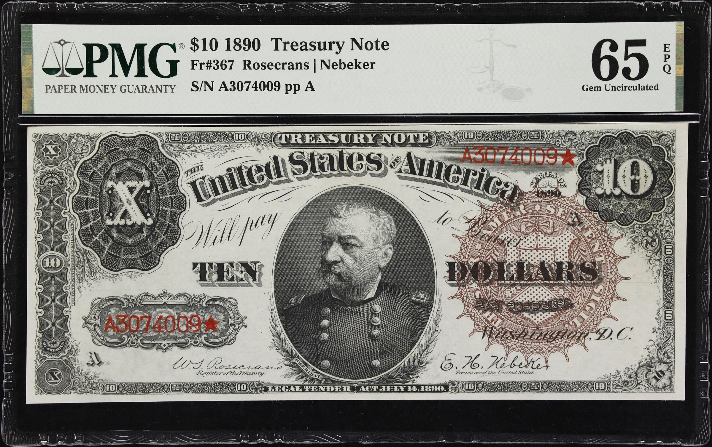 image for: Fr. 367. 1890 $10 Treasury Note. PMG Gem Uncirculated 65 EPQ.