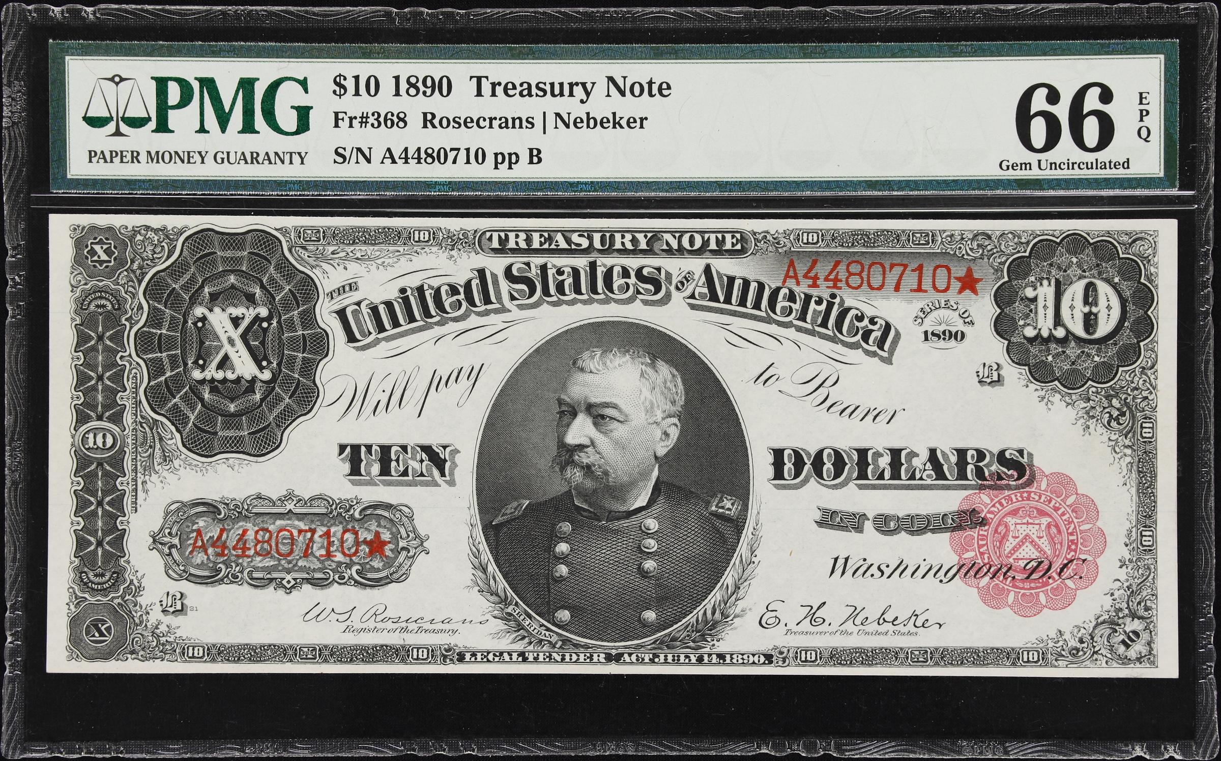 image for: Fr. 368. 1890 $10 Treasury Note. PMG Gem Uncirculated 66 EPQ.