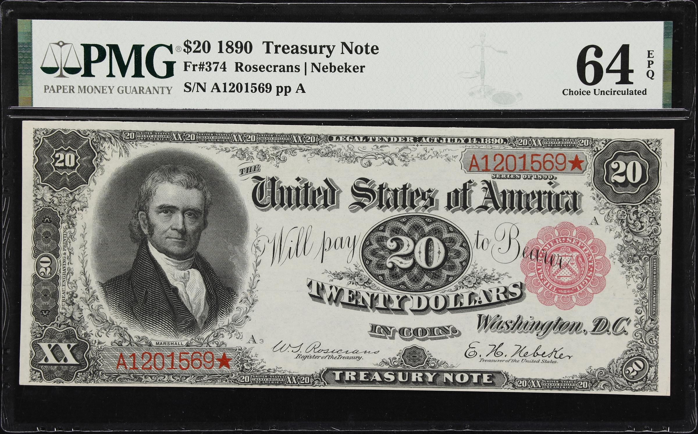 image for: Fr. 374. 1890 $20 Treasury Note. PMG Choice Uncirculated 64 EPQ.