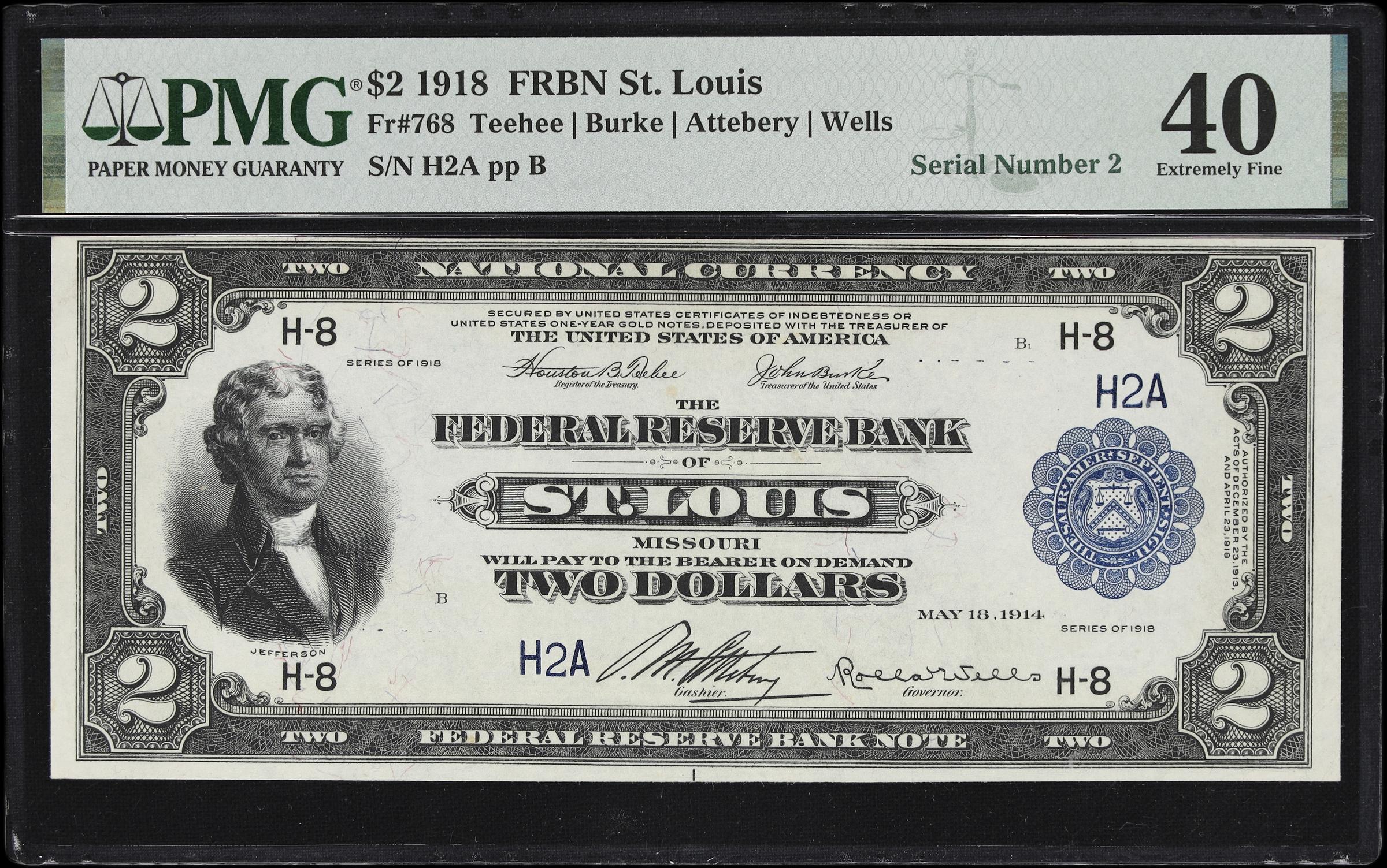image for: Fr. 768. 1918 $2 Federal Reserve Bank Note. St. Louis. PMG Extremely Fine 40. Serial Number 2.