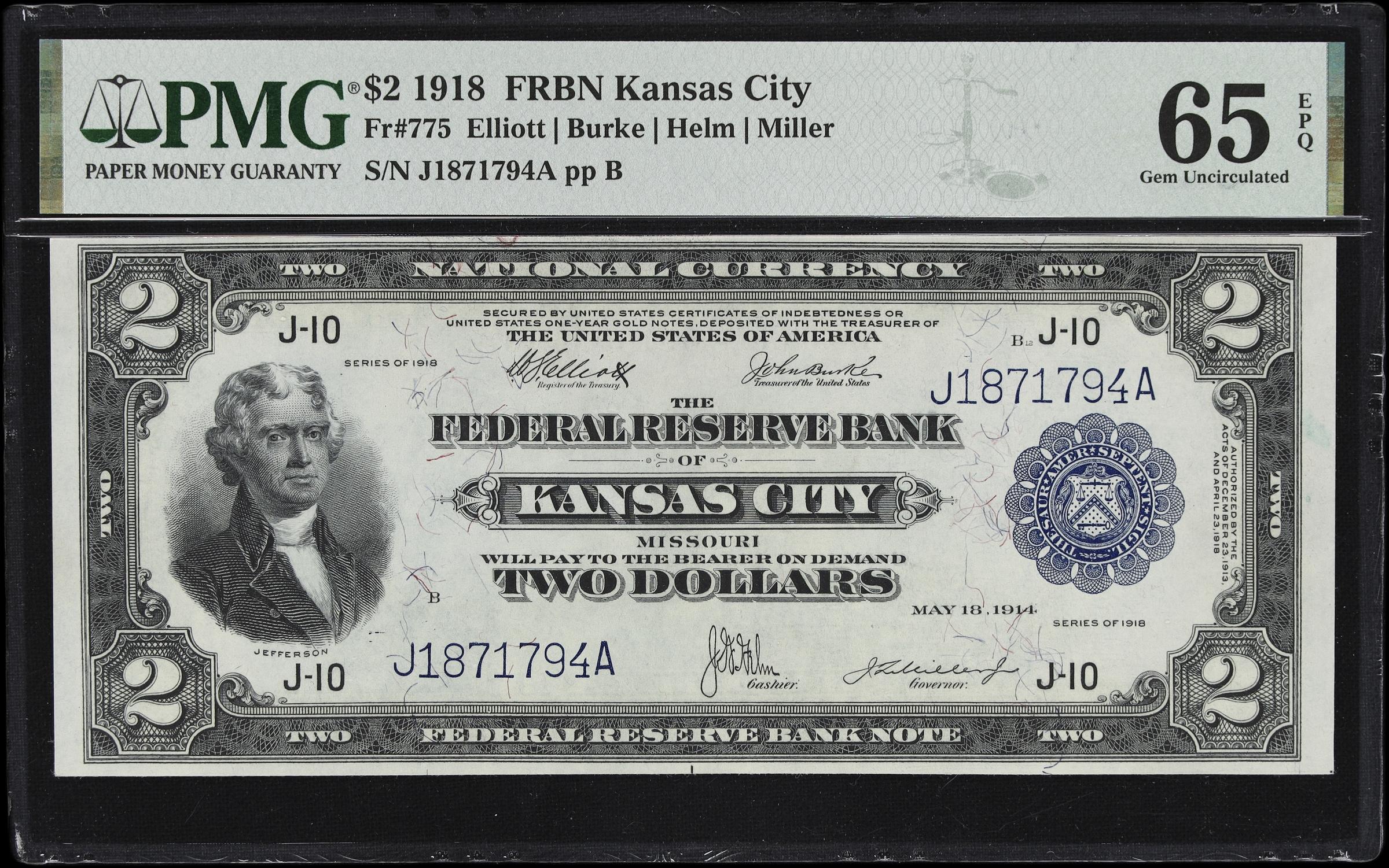 image for: Fr. 775. 1918 $2 Federal Reserve Bank Note. Kansas City. PMG Gem Uncirculated 65 EPQ.