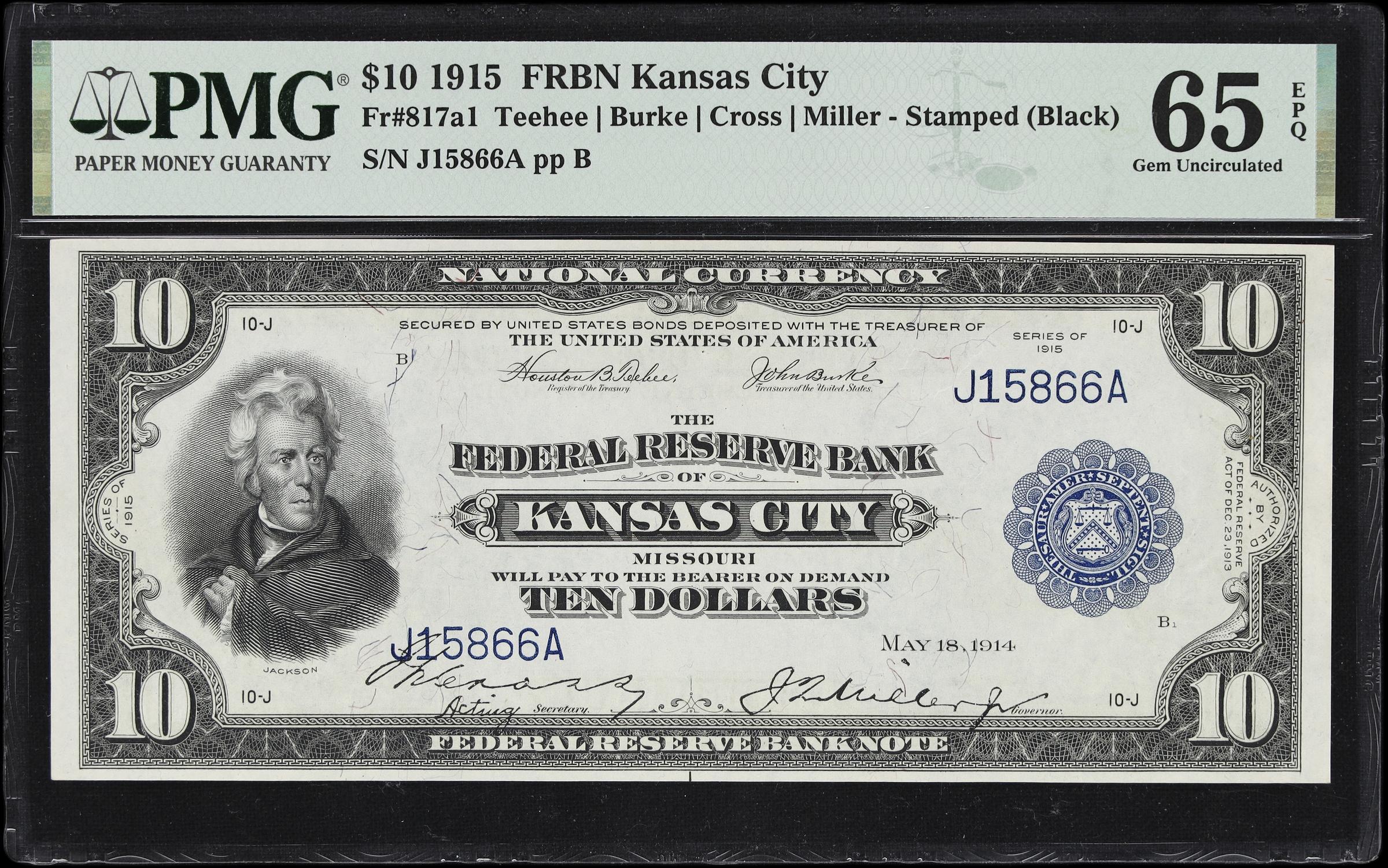 image for: Fr. 817a1. 1915 $10 Federal Reserve Bank Note. Kansas City. PMG Gem Uncirculated 65 EPQ.
