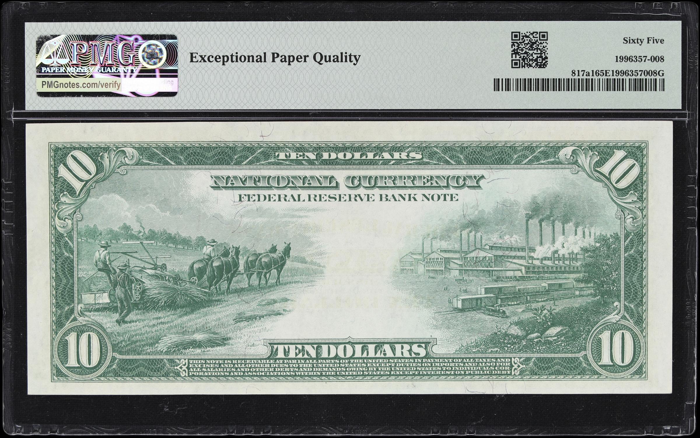 image for: Fr. 817a1. 1915 $10 Federal Reserve Bank Note. Kansas City. PMG Gem Uncirculated 65 EPQ.