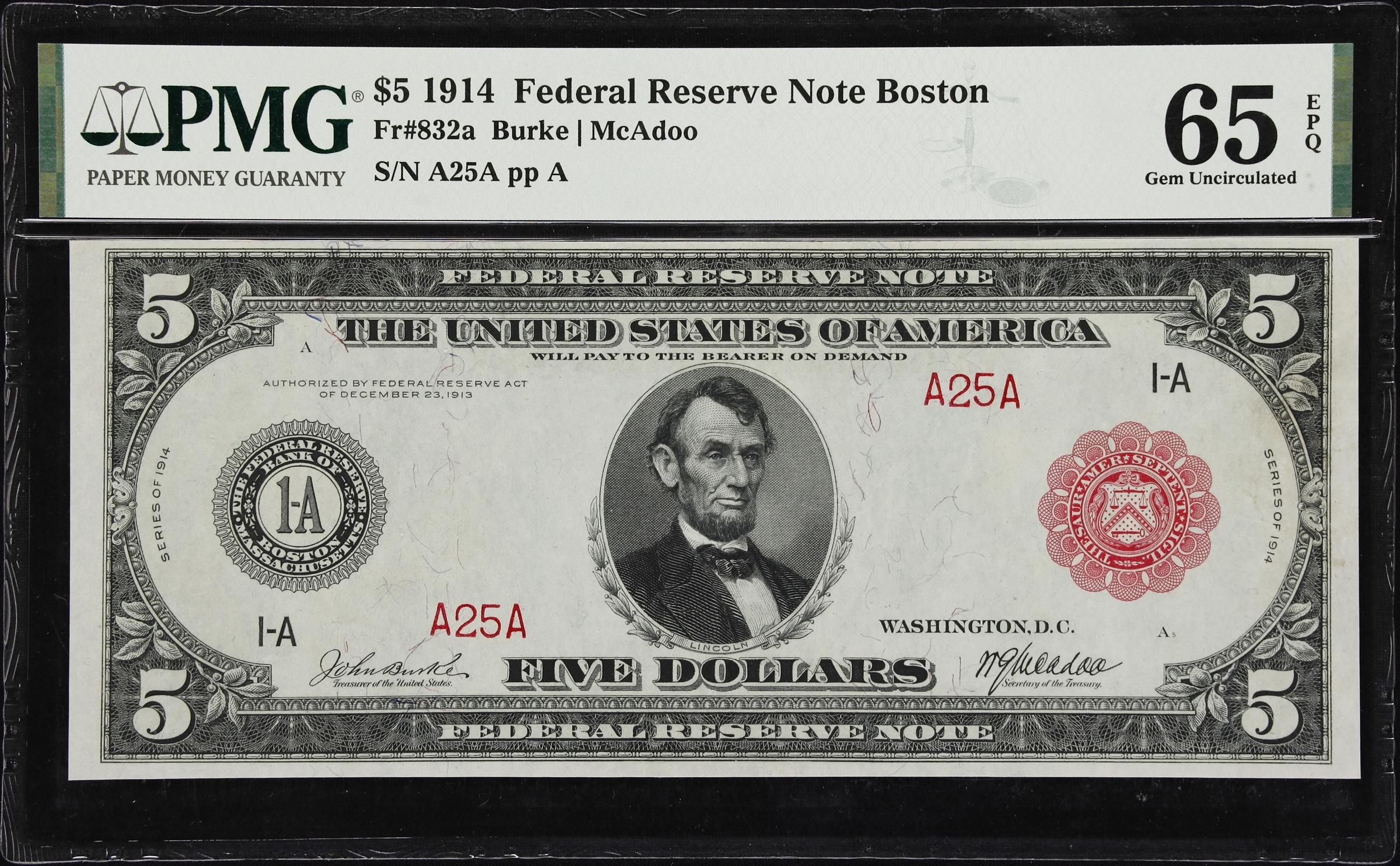 image for: Fr. 832a. 1914 Red Seal $5 Federal Reserve Note. Boston. PMG Gem Uncirculated 65 EPQ. Low Serial Number.