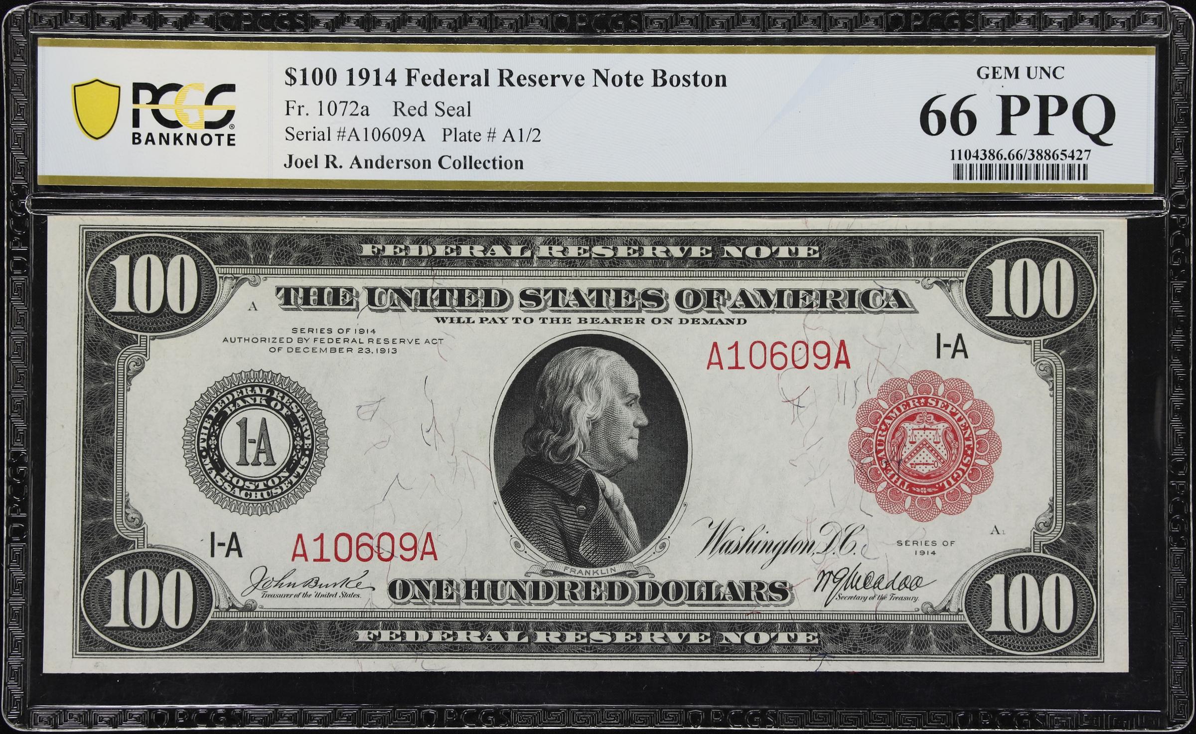 image for: Fr. 1072a. 1914 Red Seal $100 Federal Reserve Note. Boston. PCGS Banknote Gem Uncirculated 66 PPQ.
