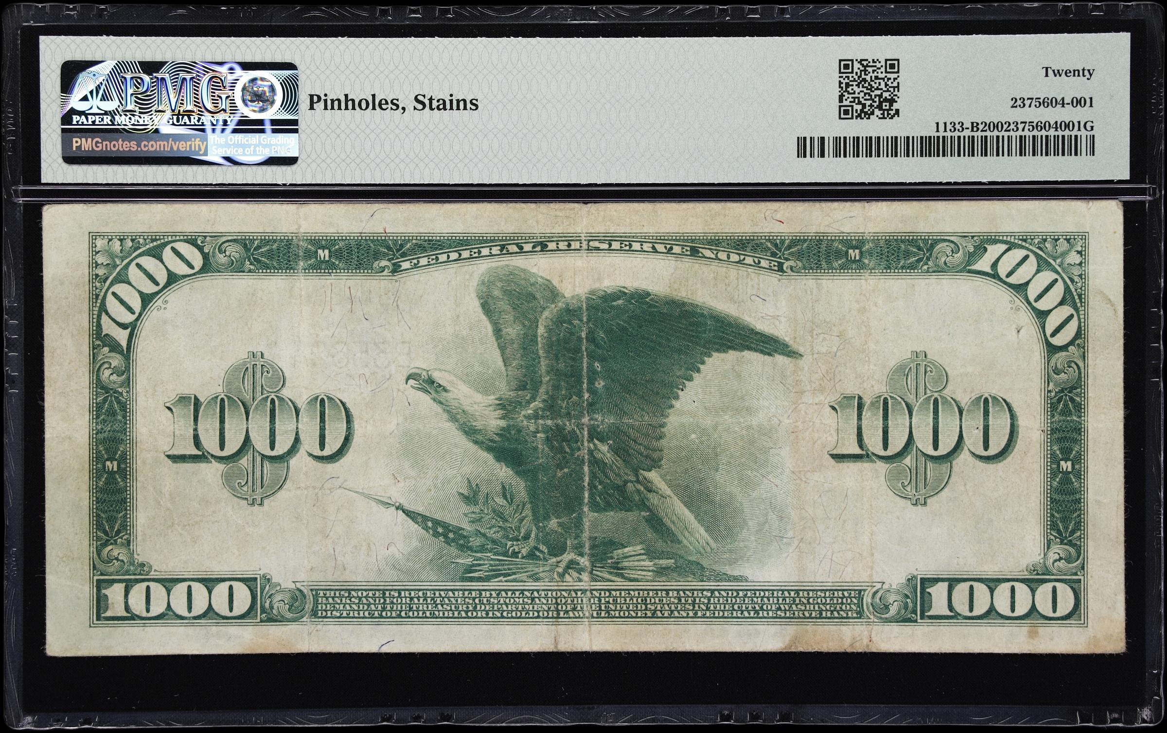 image for: Fr. 1133-B. 1918 $1000 Federal Reserve Note. New York. PMG Very Fine 20.