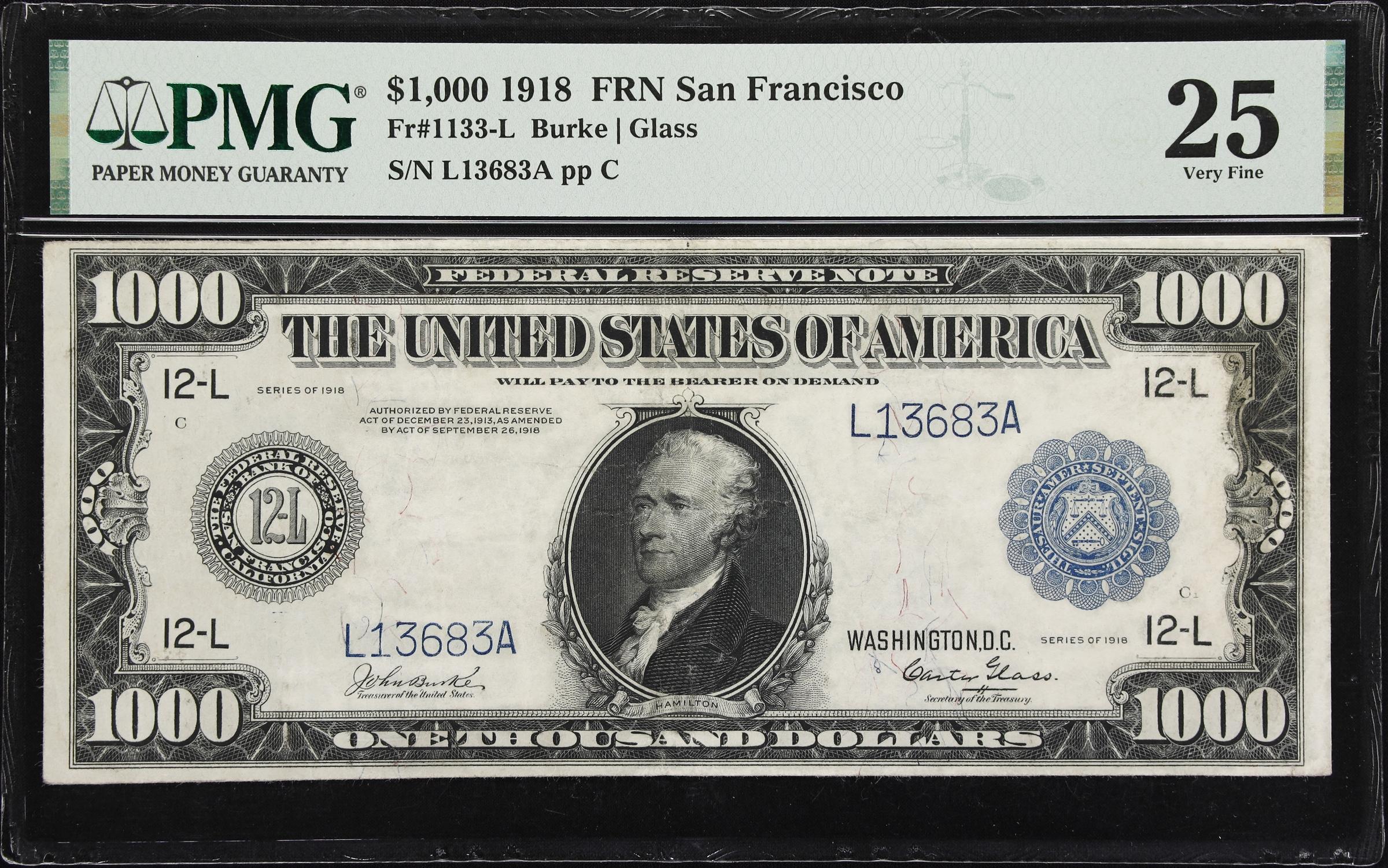 image for: Fr. 1133-L. 1918 $1000 Federal Reserve Note. San Francisco. PMG Very Fine 25.