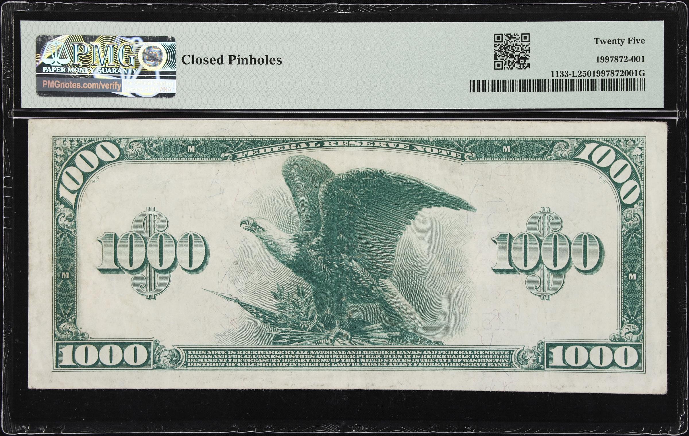 image for: Fr. 1133-L. 1918 $1000 Federal Reserve Note. San Francisco. PMG Very Fine 25.