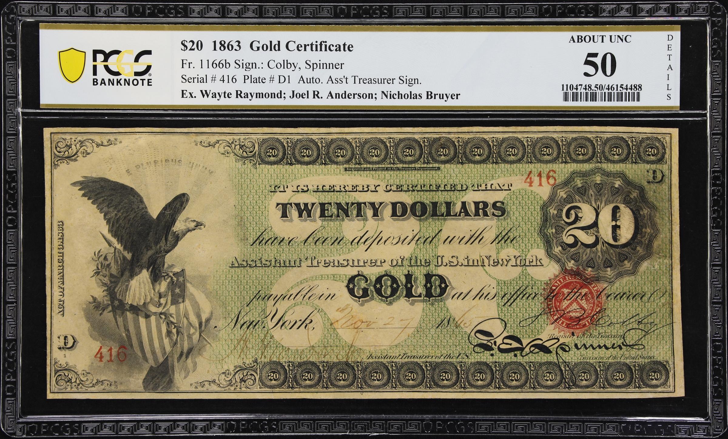 image for: Fr. 1166b. 1863 $20 Gold Certificate. PCGS Banknote About Uncirculated 50 Details. Restorations.