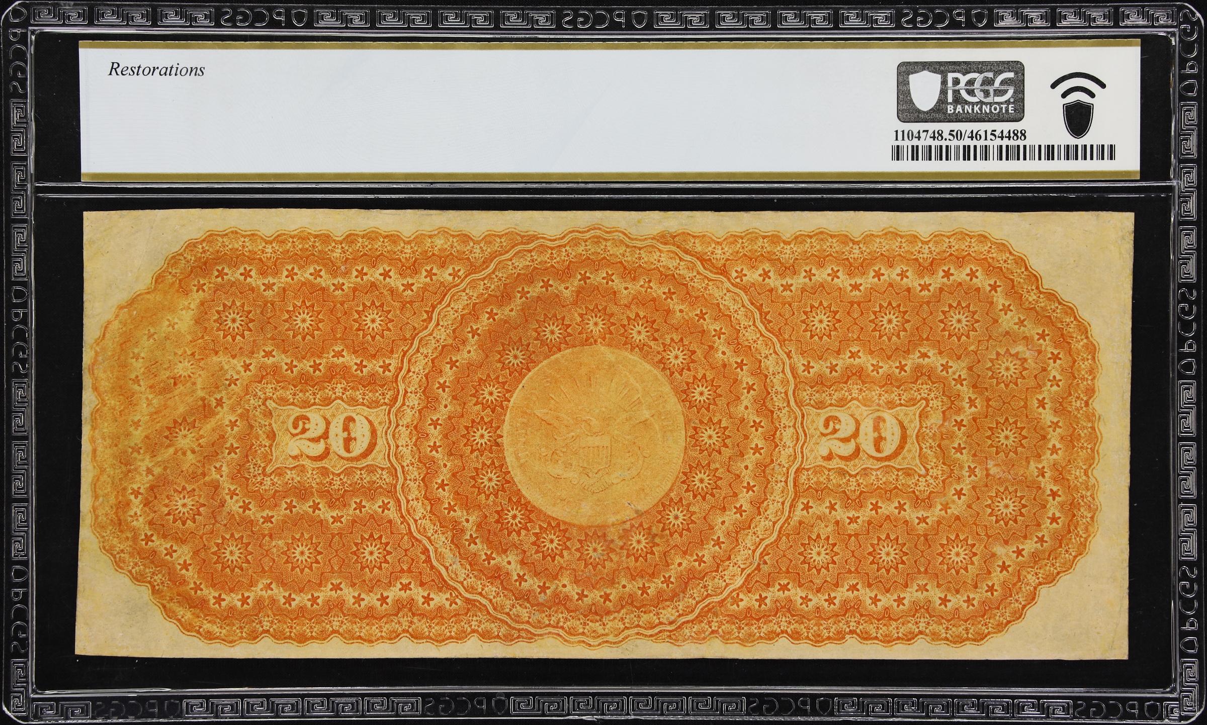 image for: Fr. 1166b. 1863 $20 Gold Certificate. PCGS Banknote About Uncirculated 50 Details. Restorations.