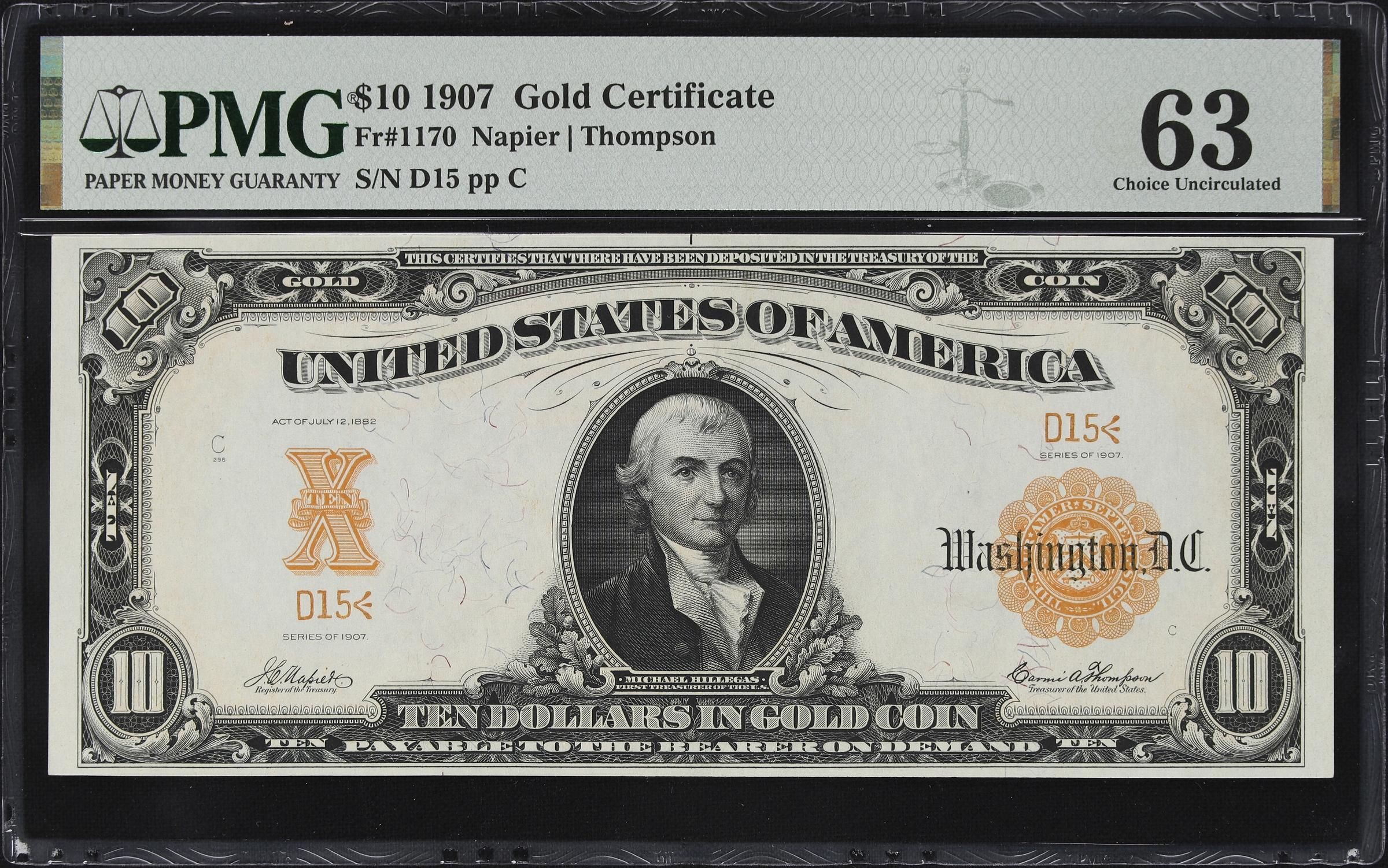 image for: Fr. 1170. 1907 $10 Gold Certificate. PMG Choice Uncirculated 63. Serial Number 15.