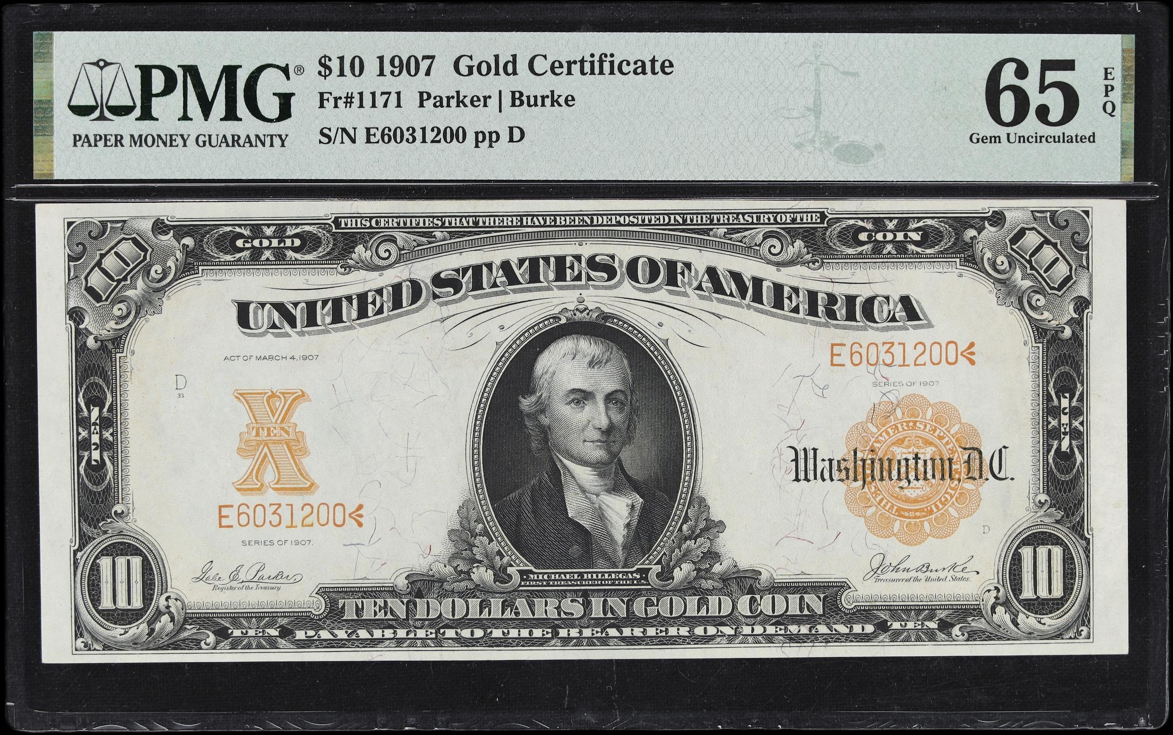 image for: Fr. 1171. 1907 $10 Gold Certificate. PMG Gem Uncirculated 65 EPQ.