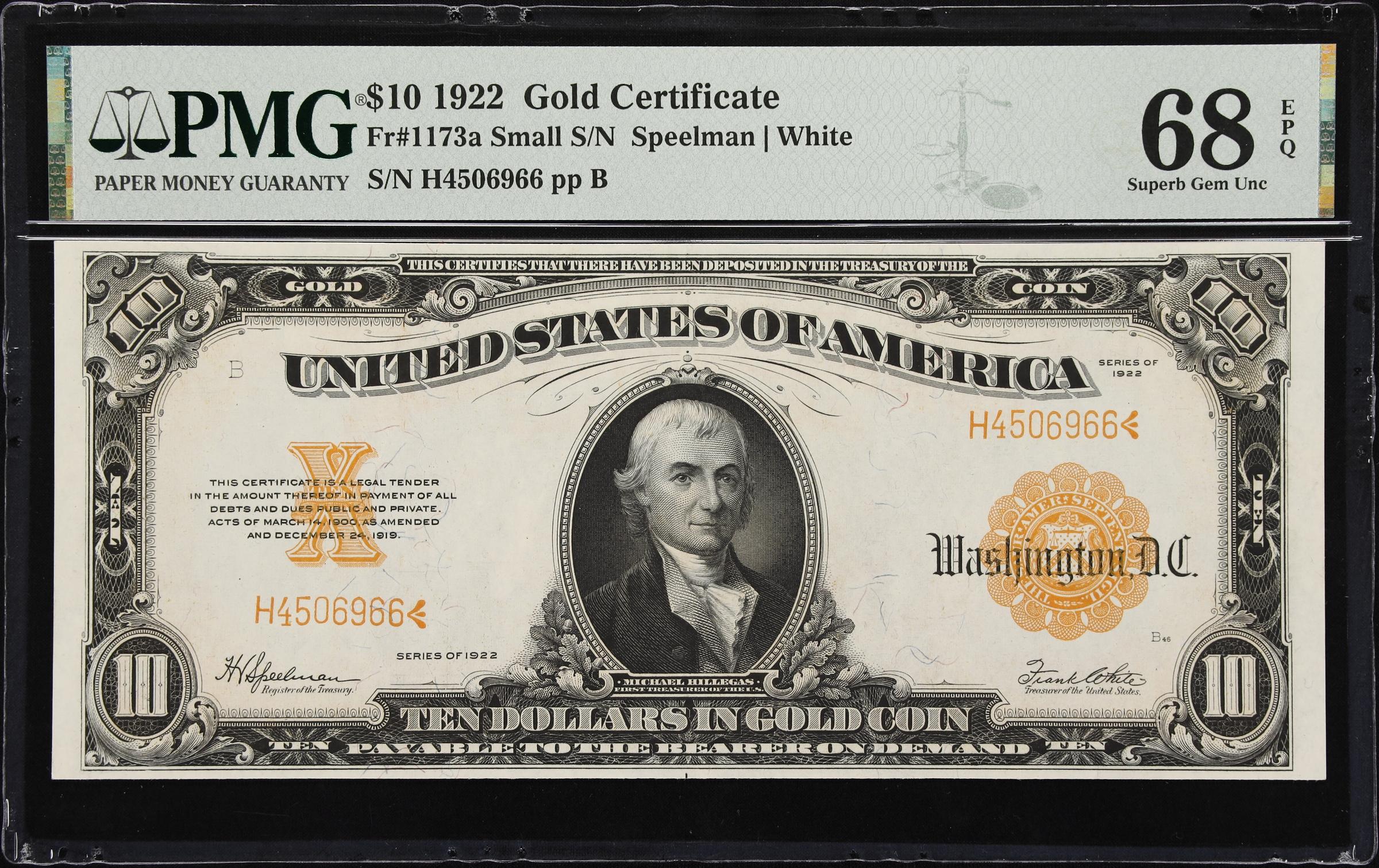 image for: Fr. 1173a. 1922 $10 Gold Certificate. PMG Superb Gem Uncirculated 68 EPQ.