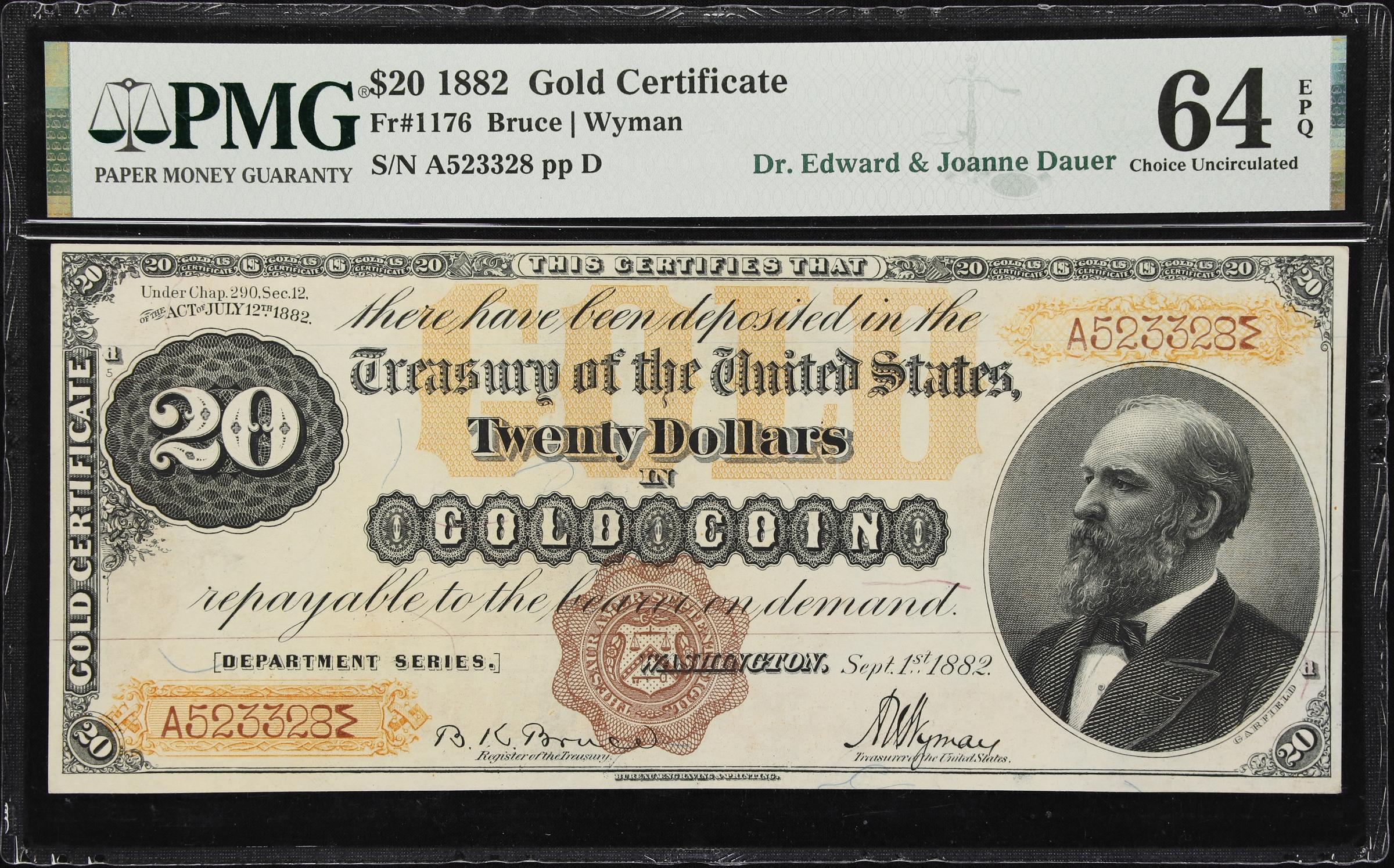 image for: Fr. 1176. 1882 $20 Gold Certificate. PMG Choice Uncirculated 64 EPQ.