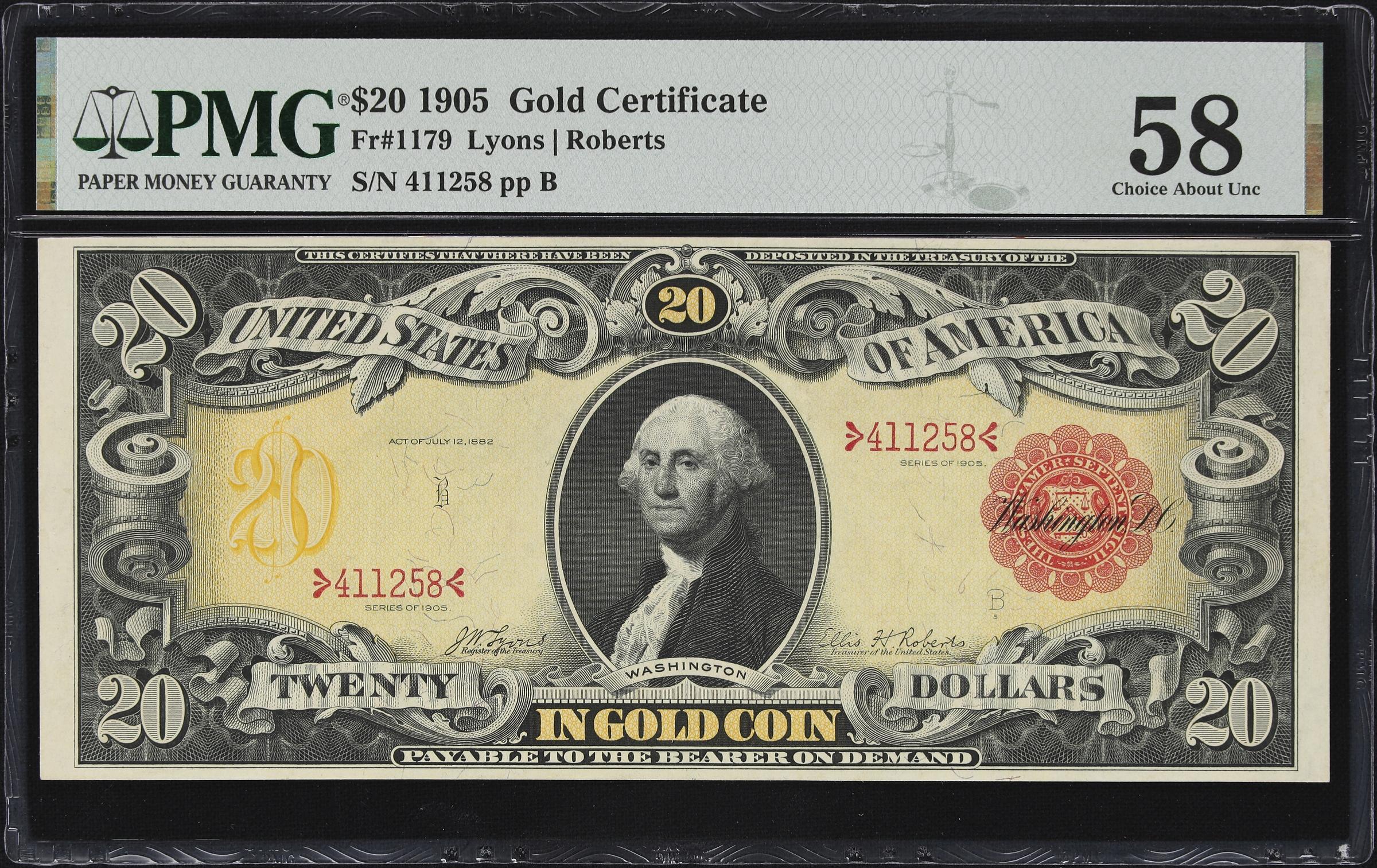 image for: Fr. 1179. 1905 $20 Gold Certificate. PMG Choice About Uncirculated 58.